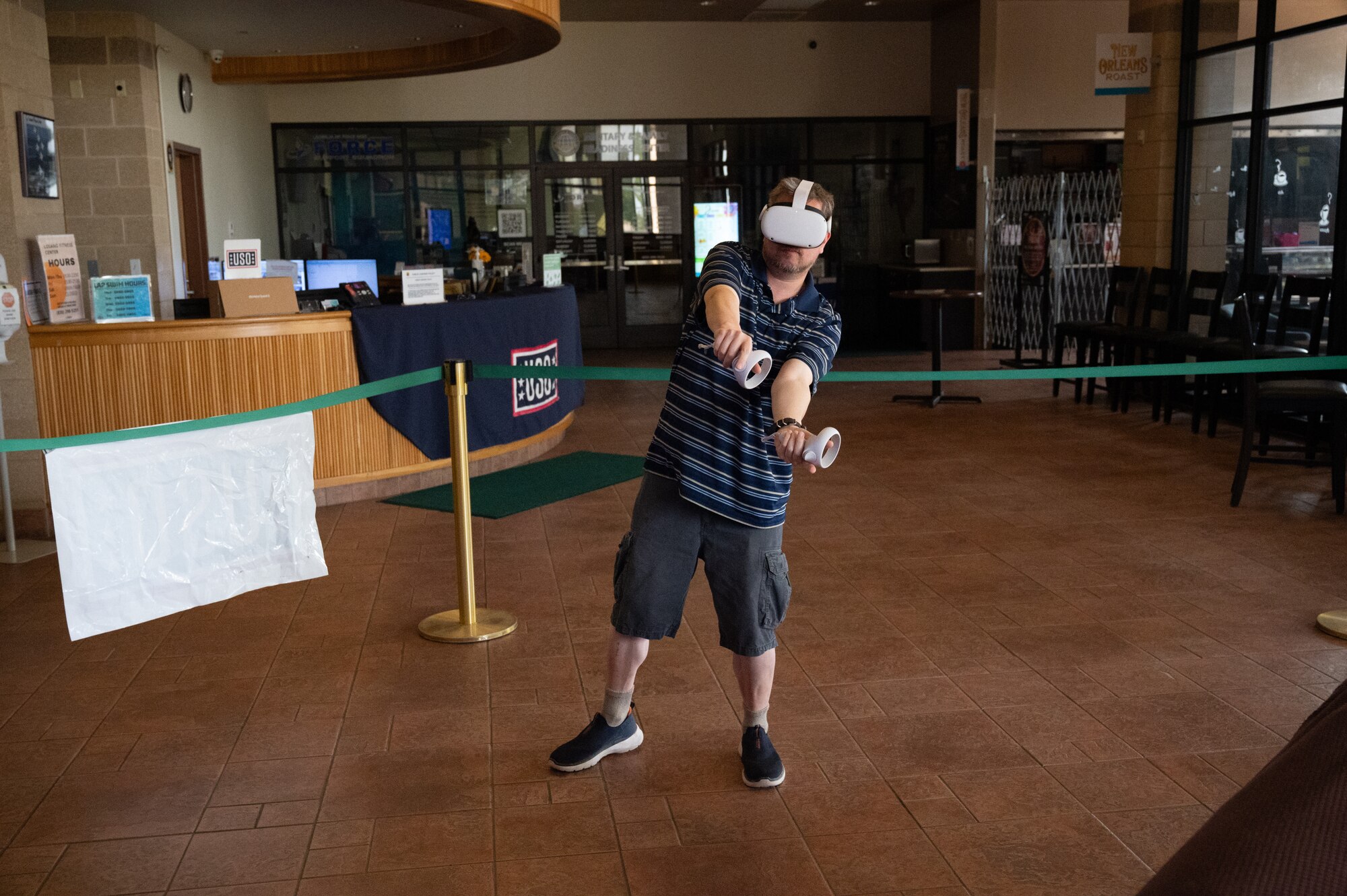 U.S. Air Force Airmen, get together to compete in gaming tournaments hosted by the USO outside the Losano Fitness Center on Laughlin Air Force Base, Texas, June 2, 2024. Friendly competition is one of the ways airmen can build camaraderie amongst each other. (U.S. Air Force photo by Airman 1st Class Harrison Sullivan)