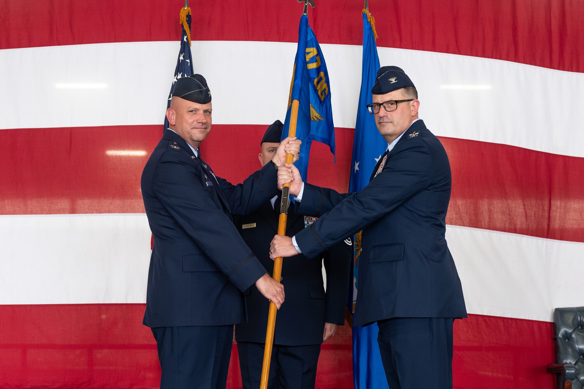 47th Flying Training Wing (FTW) Airmen bid farewell to Col. James Blech, prior commander of the 47th Operations Group (OG), and welcomed Col. Joseph McCane, current commander of the 47th OG, during a change of command ceremony here, May 31, 2024.