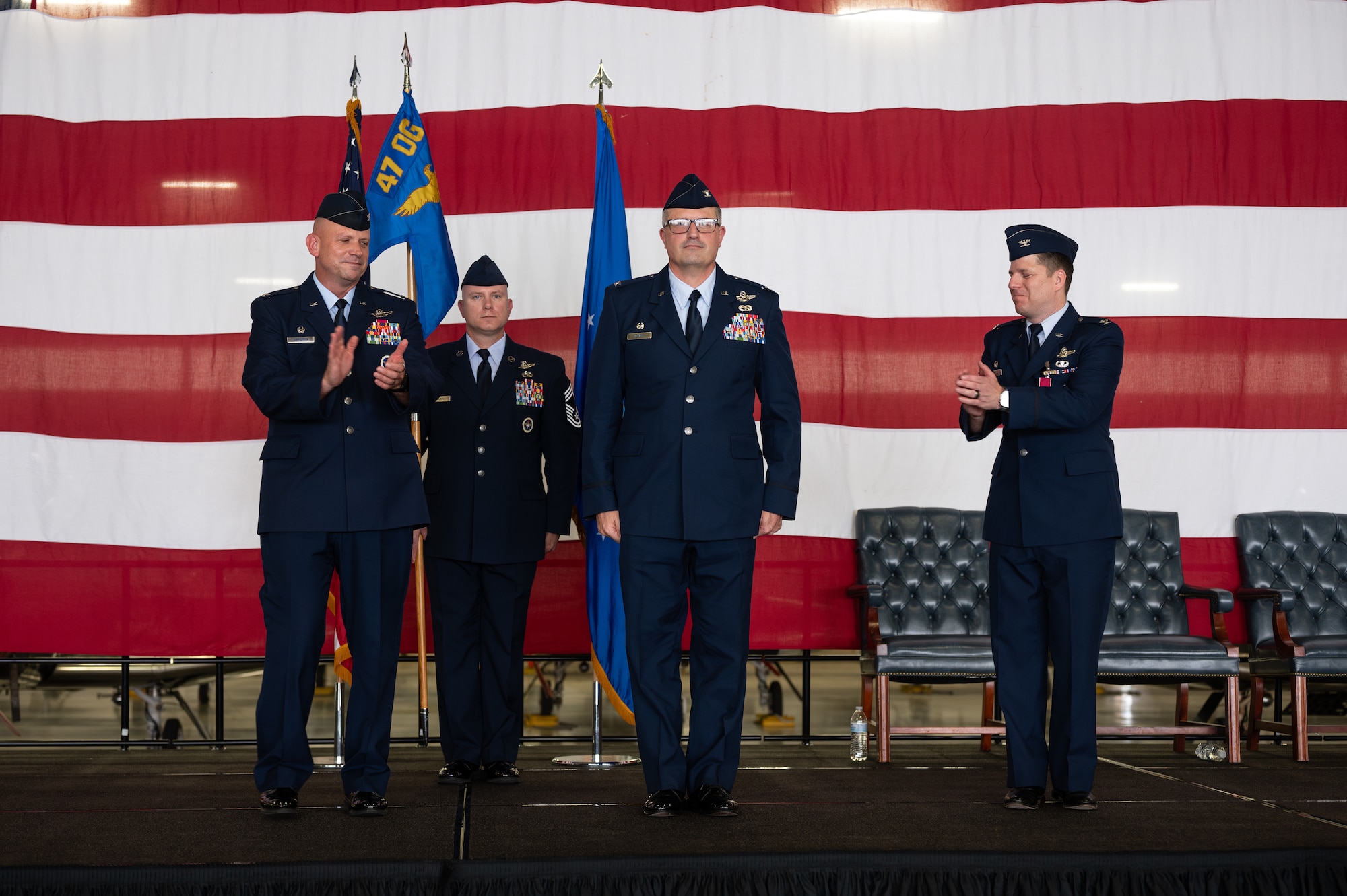 47th Flying Training Wing (FTW) Airmen bid farewell to Col. James Blech, prior commander of the 47th Operations Group (OG), and welcomed Col. Joseph McCane, current commander of the 47th OG, during a change of command ceremony here, May 31, 2024.