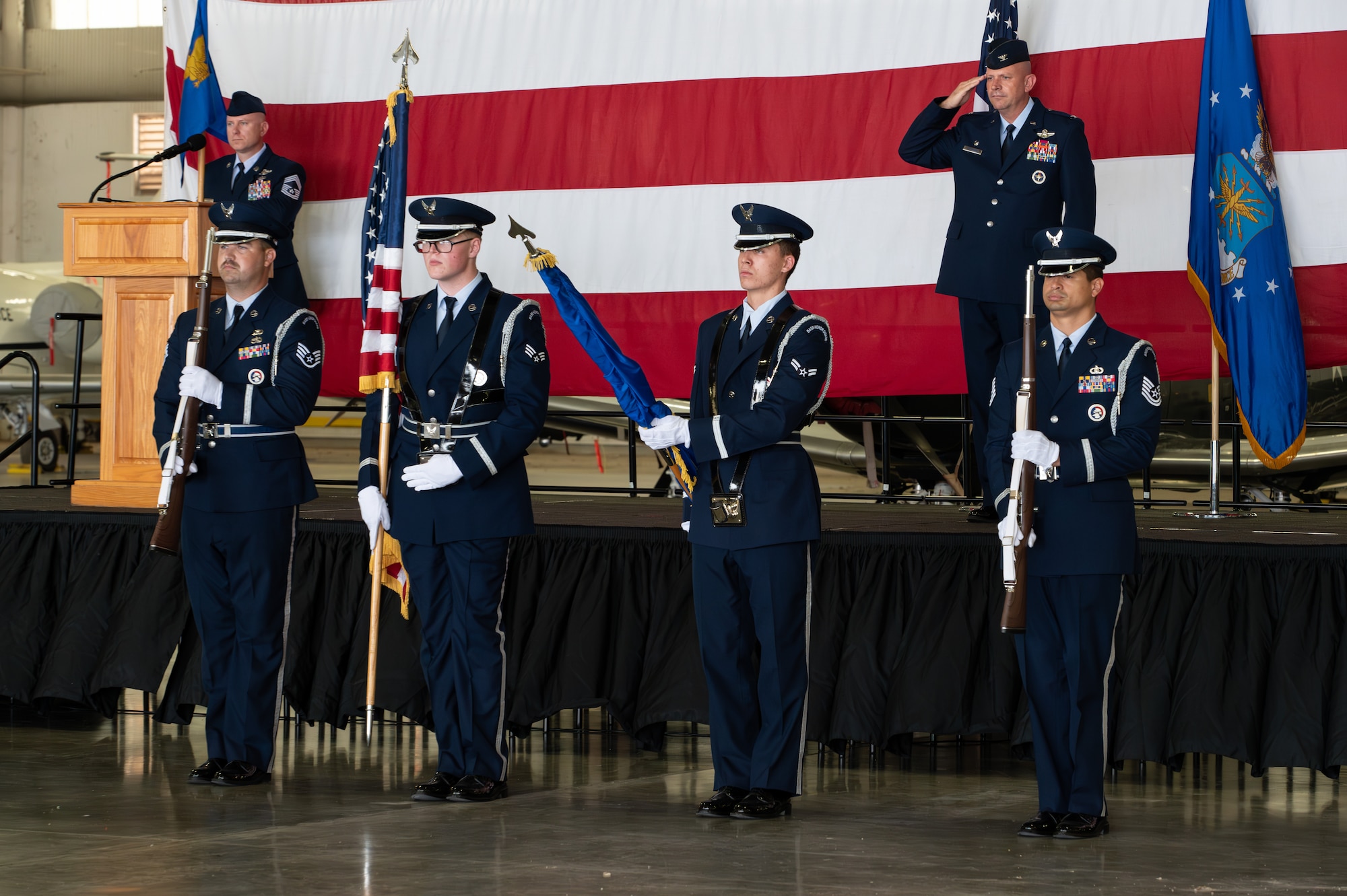 47th Flying Training Wing (FTW) Airmen bid farewell to Col. James Blech, prior commander of the 47th Operations Group (OG), and welcomed Col. Joseph McCane, current commander of the 47th OG, during a change of command ceremony here, May 31, 2024.