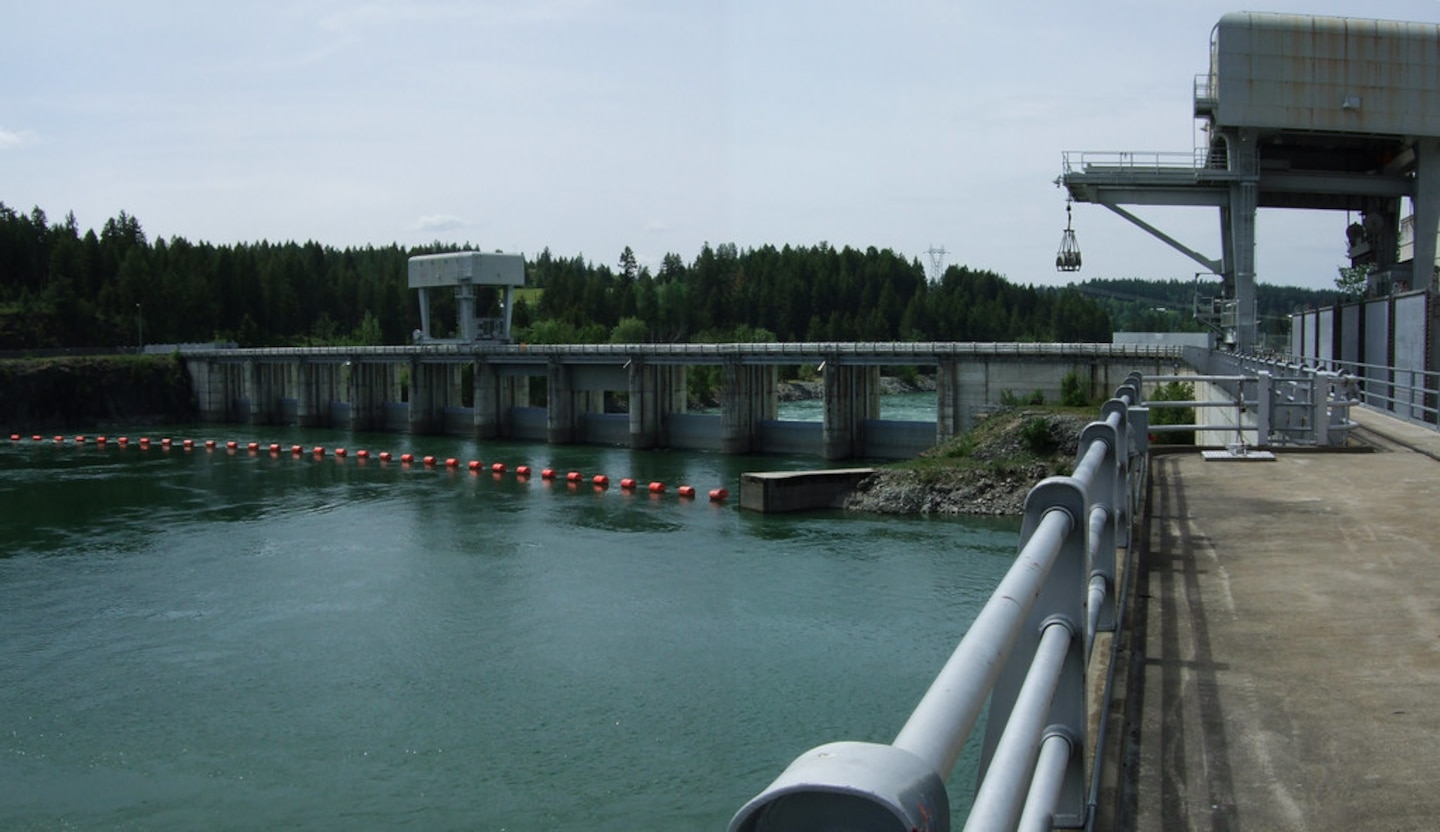 Photo of the spillway gates at Albeni Falls Dam, Idaho.