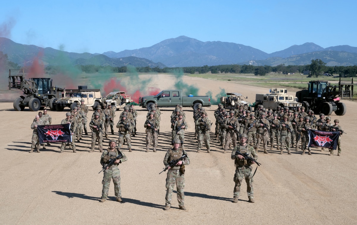 The 821st Contingency Response Squadron poses for a contingency response element photo during Exercise Hades Sentinel at Fort Hunter-Liggett, Jolon, California, May 3, 2024.