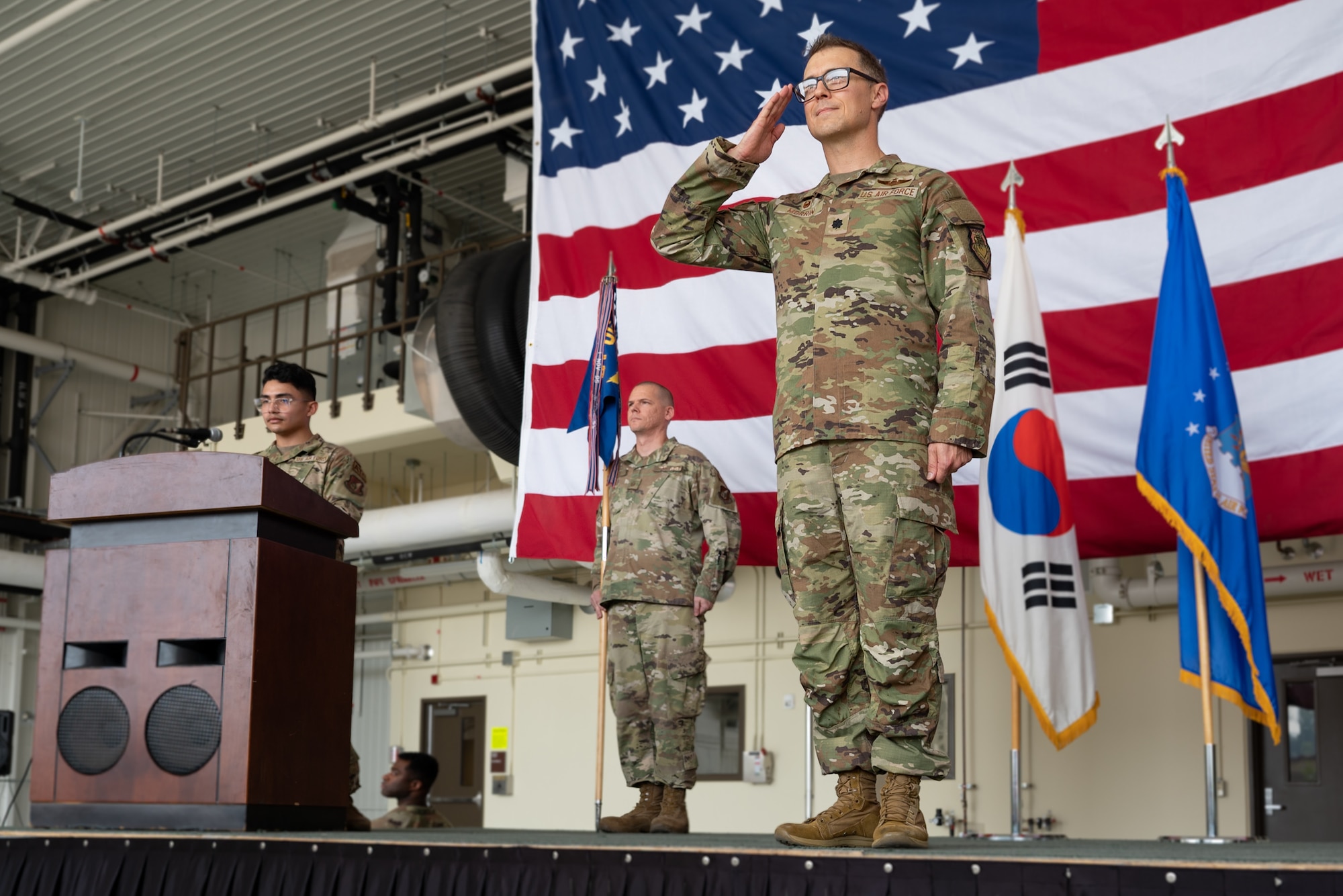 U.S. Air Force Lt. Col. Joseph M. Morrin, 51st Operations Support Squadron commander, renders his first salute during a change of command ceremony at Osan Air Base, Republic of Korea, June 5, 2024. The 51st OSS is responsible for providing support to ensure the successful execution of flying operations. (U.S. Air Force photo by Senior Airman Brittany Russell)