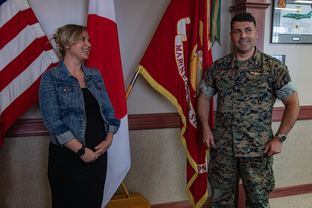 Dana Schelegle, the president of the Iwakuni Spouse Club, left, talks with U.S. Marine Corps Col. Richard Rusnok, the commanding officer of Marine Corps Air Station Iwakuni, and a native of Pennsylvania, during the April 2024 Impact Iwakuni award presentation at MCAS Iwakuni, Japan, May 31, 2024. Schelegle’s involvement with the Iwakuni Spouse Club led to raising over $12,000 over the year she held the position as well as resulting in the ISC's first Entrepreneur grant, community grants, Youth Enrichment Scholarships, and $7,500 in spouse and student scholarships for the MCAS Iwakuni Community. (U.S. Marine Corps photo by Lance Cpl. Dahkareo Pritchett)