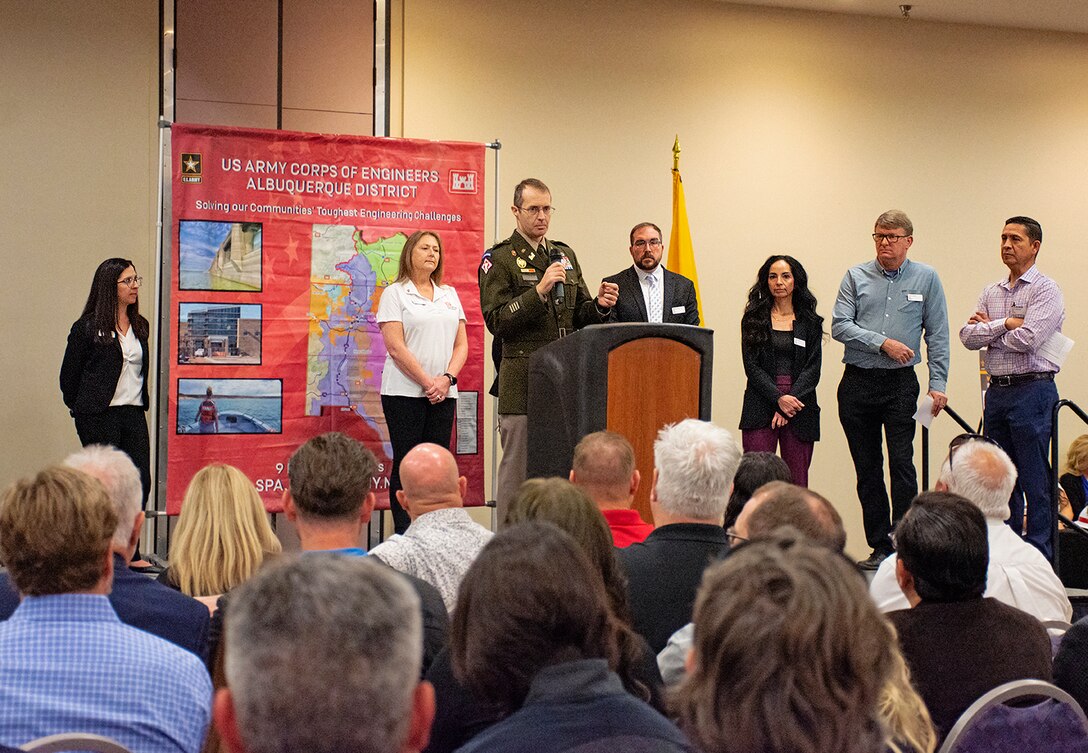 Albuquerque District Commander Lt. Col. Jerre Hansbrough addresses the attendees at the district’s Business Opportunities Open House event at the Albuquerque Convention Center, March 21, 2024.