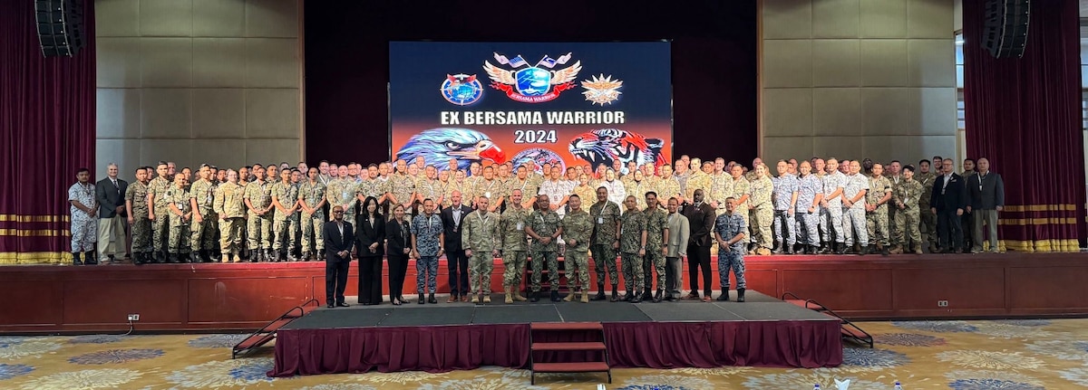 Washington National Guard and Malaysian Armed Forces members participate in the Bersama Warrior 2024 opening ceremonies June 1, 2024, at Kuala Lumpur, Malaysia. The Washington Guard and Malaysia have been partners under the State Partnership Program since 2017.