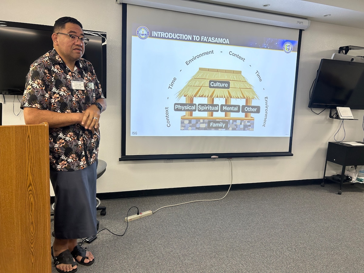 Michael Fusi Ligaliga, assistant professor and program lead of Pacific Island Studies at Brigham Young University in Hawaii, speaks during a two-day workshop at the Nevada National Guard's Office of the Adjutant General in Carson City, Nevada. Ligaliga's presentation was part of a workshop to educate members of the Nevada National Guard about the culture of Samoa, their newest partner in the State Partnership Program.