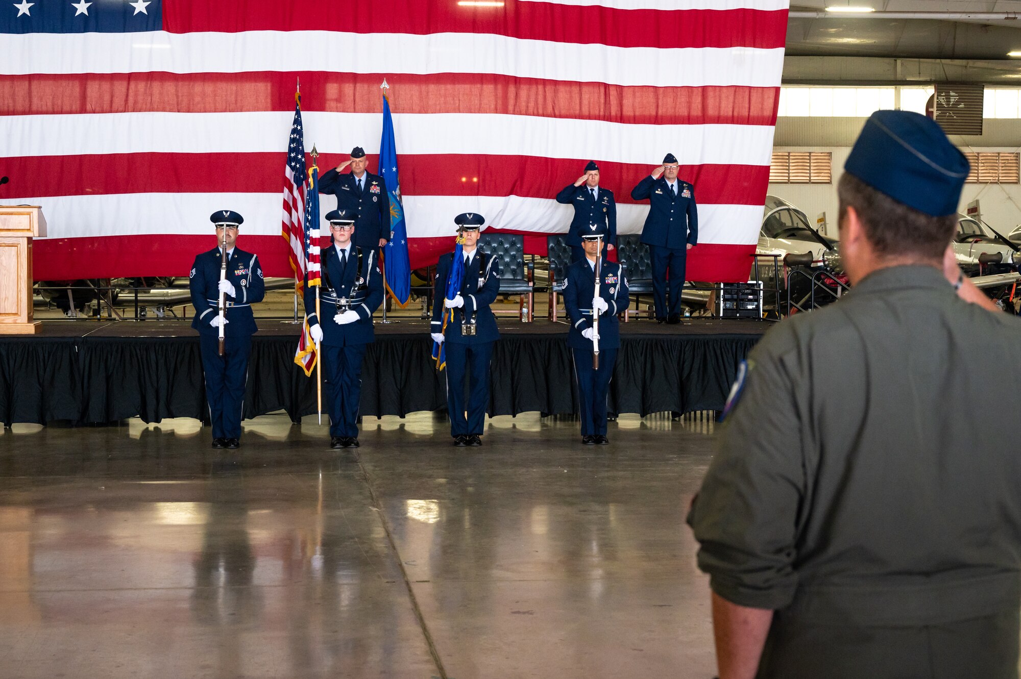 47th Flying Training Wing (FTW) Airmen bid farewell to Col. James Blech, prior commander of the 47th Operations Group (OG), and welcomed Col. Joseph McCane, current commander of the 47th OG, during a change of command ceremony here, May 31, 2024.