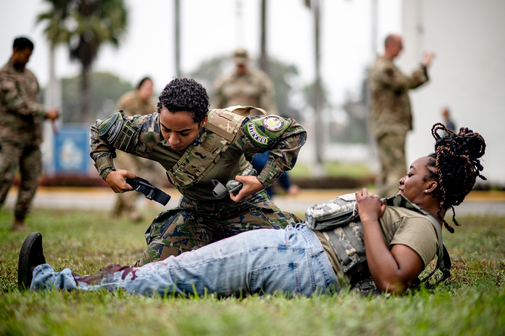 U.S. Air Force Airmen assigned to the 167th Aeromedical Evacuation Squadron demonstrate a litter carry for a Tactical Combat Casualty Care course with Peruvian and Brazilian armed forces as part of exercise Resolute Sentinel 2024 at Las Palmas Air Base in Lima, Peru, June 4, 2024.