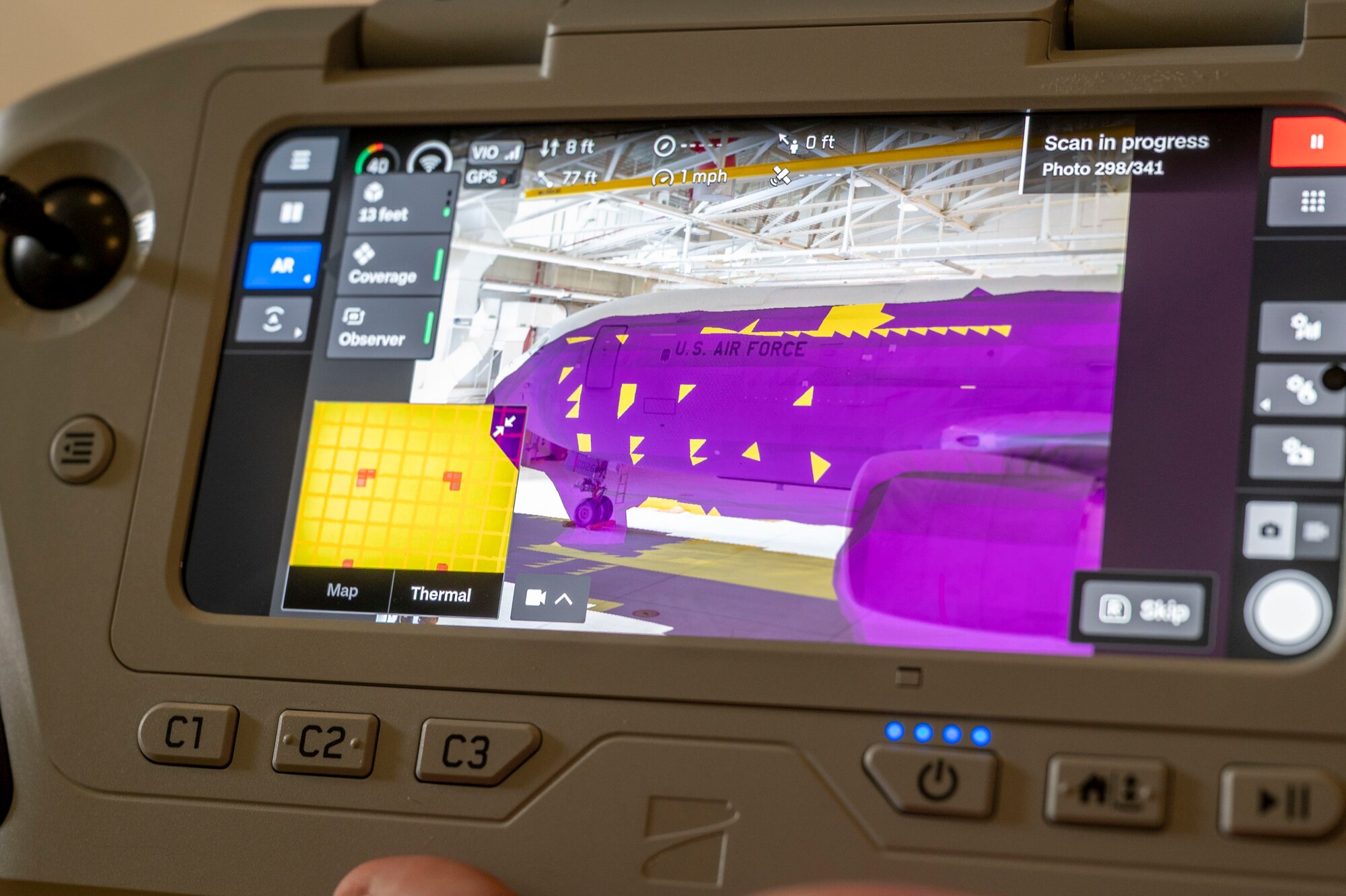 A 3D model scan of a KC-46A Pegasus taken from a Skydio X10D drone May 29, 2024, at McConnell Air Force Base, Kansas. The scans from the X10D are imported into software that uses AI to identify defects, anomalies, delamination, and inspection issues on aircraft. (U.S. Air Force photo by Airman 1st Class Gavin Hameed)