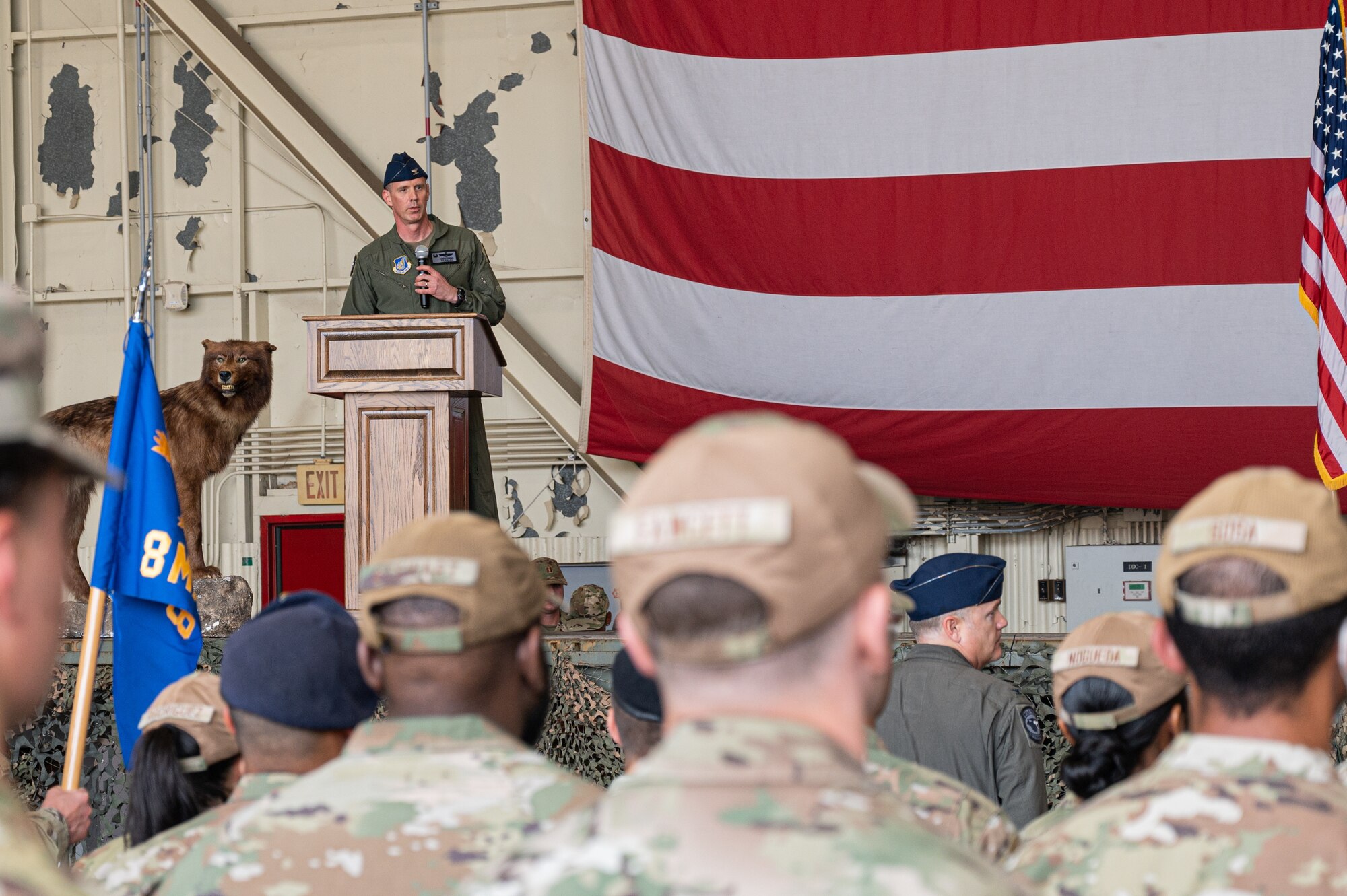 U.S. Air Force Col. Peter Kasarskis, 8th Fighter Wing commander, addresses attendees during the 8th FW change of command ceremony.