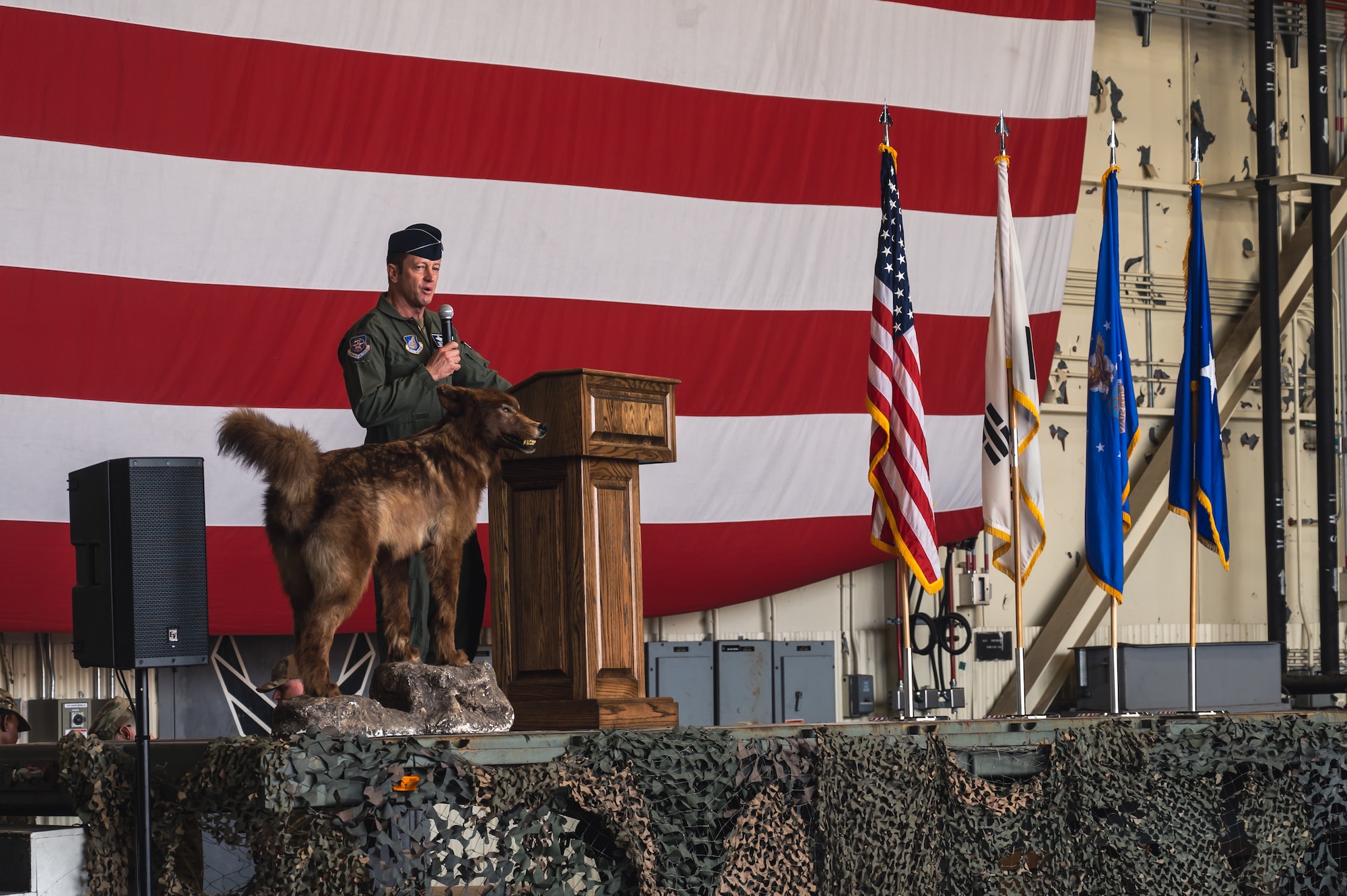 U.S. Air Force Lt. Gen. David Iverson, 7th Air Force commander, speaks to the audience during the 8th Fighter Wing change of command ceremony.
