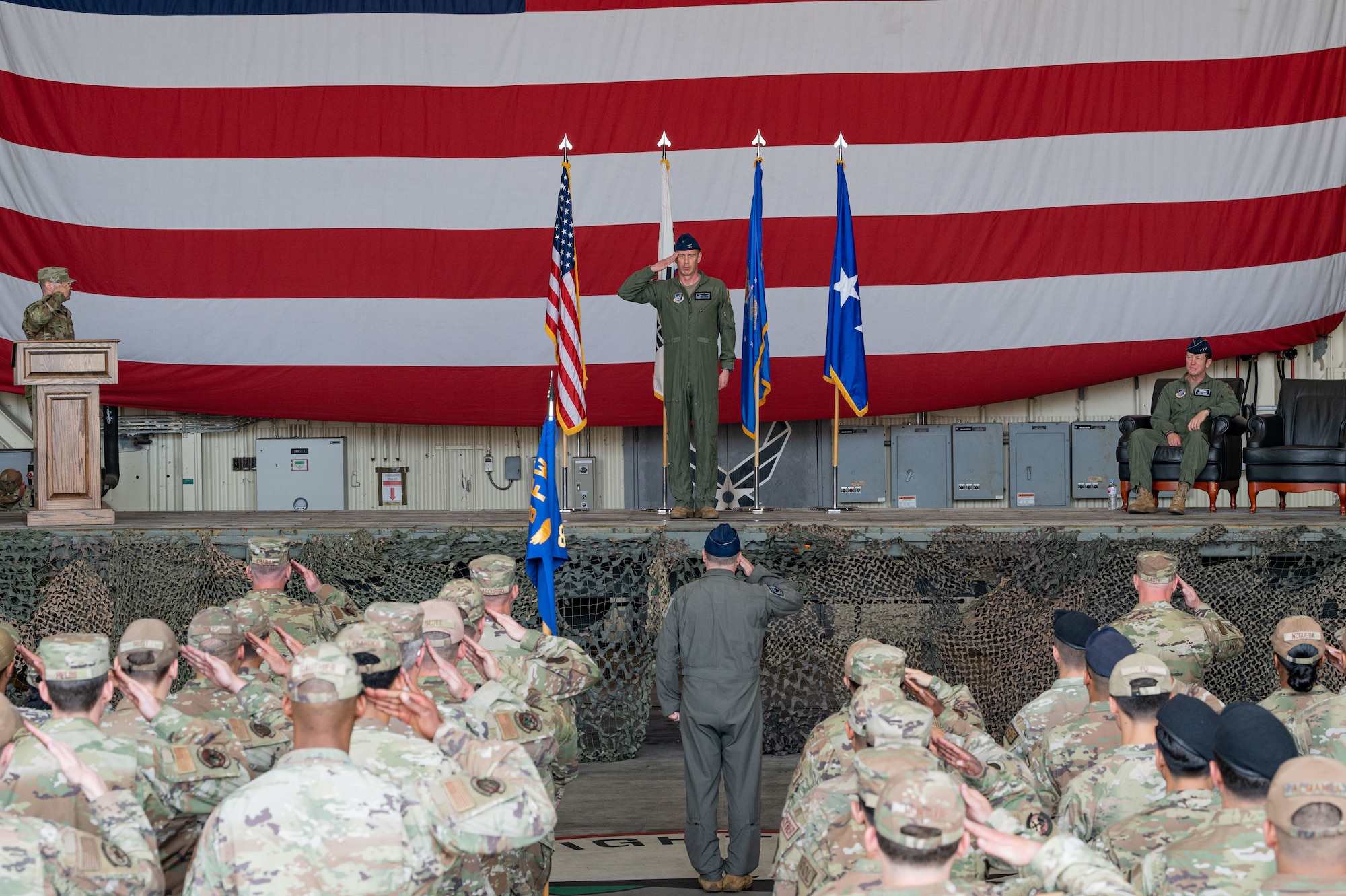 U.S. Air Force Col. Matthew Gaetke, 8th Fighter Wing outgoing commander, renders his last salute as the commander during the 8th FW change of command ceremony.