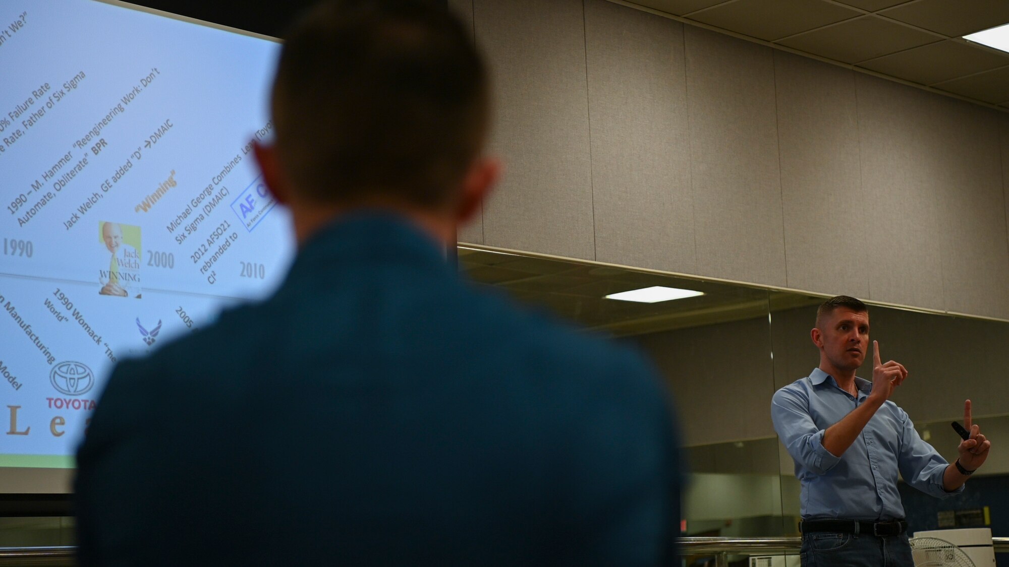 U.S. Air Force Tech. Sgt. Matthew Connelly, 51st Fighter Wing innovation officer, teaches the inaugural Green Belt course on May 23, 2024, at Osan Air Base, Republic of Korea. Green Belt is the education piece to innovation, enabling Airmen to find the root causes of issues and giving them tools for structured problem-solving. (U.S. Air Force photo by Staff Sgt. Ashley N. Mikaio)