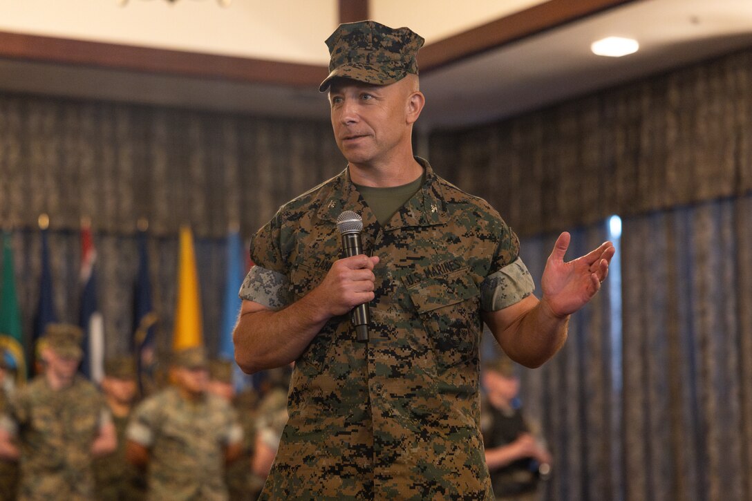 U.S. Marine Corps Col. David Banning, outgoing commanding officer of Headquarters and Support Battalion, Marine Corps Installations Pacific, gives remarks during a change of command ceremony on Plaza Housing, Camp Foster, Okinawa, Japan, May 31, 2024. Banning served for two years as the commanding officer and was relieved by Col. Marc Walker, who previously served as the commanding officer of 3rd Network Battalion, MCIPAC, and most recently as the Assistant Chief of Staff G6. Banning is a native of Oregon. (U.S. Marine Corps photo by Lance Cpl. Brody Robertson)