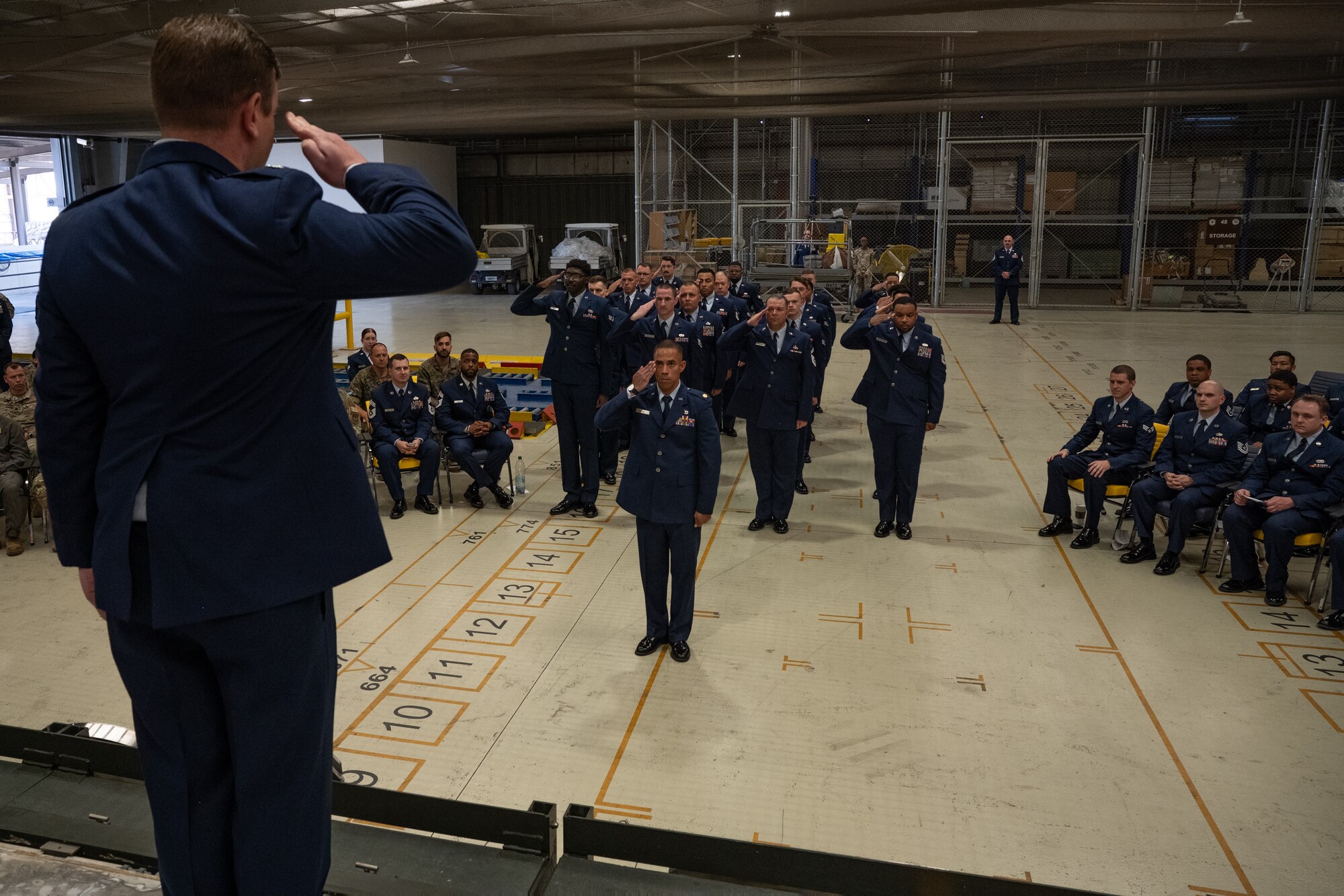 U.S. Air Force Lt. Col. Matthew Sobey, 728th Air Mobility Squadron commander, renders his first salute at a change of command ceremony at Incirlik Air Base, Türkiye.