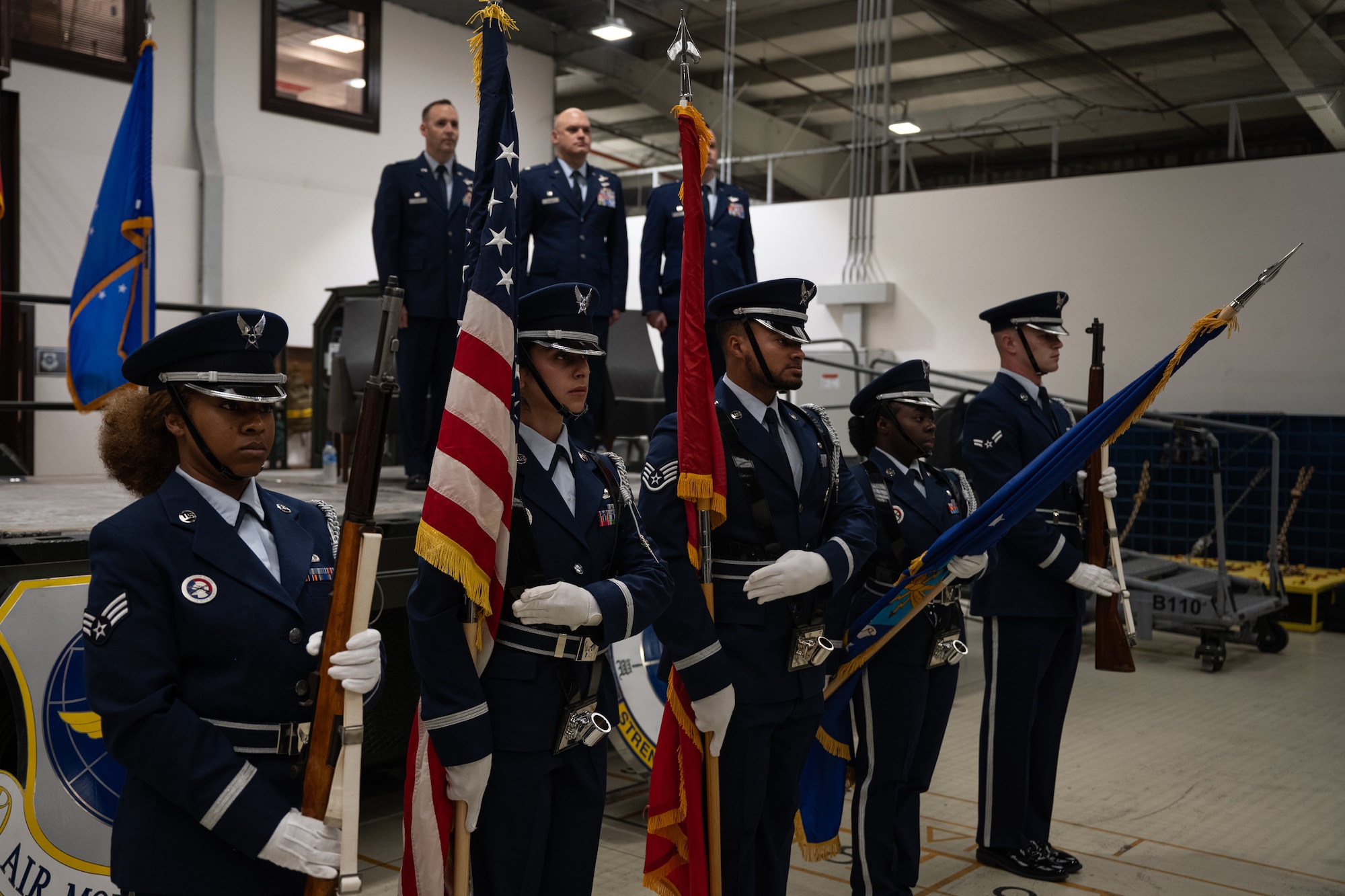 Members from the 39th Air Base Wing honor guard present the colors during the 728th Air Mobility Squadron change of command ceremony at Incirlik Air Base, Türkiye.