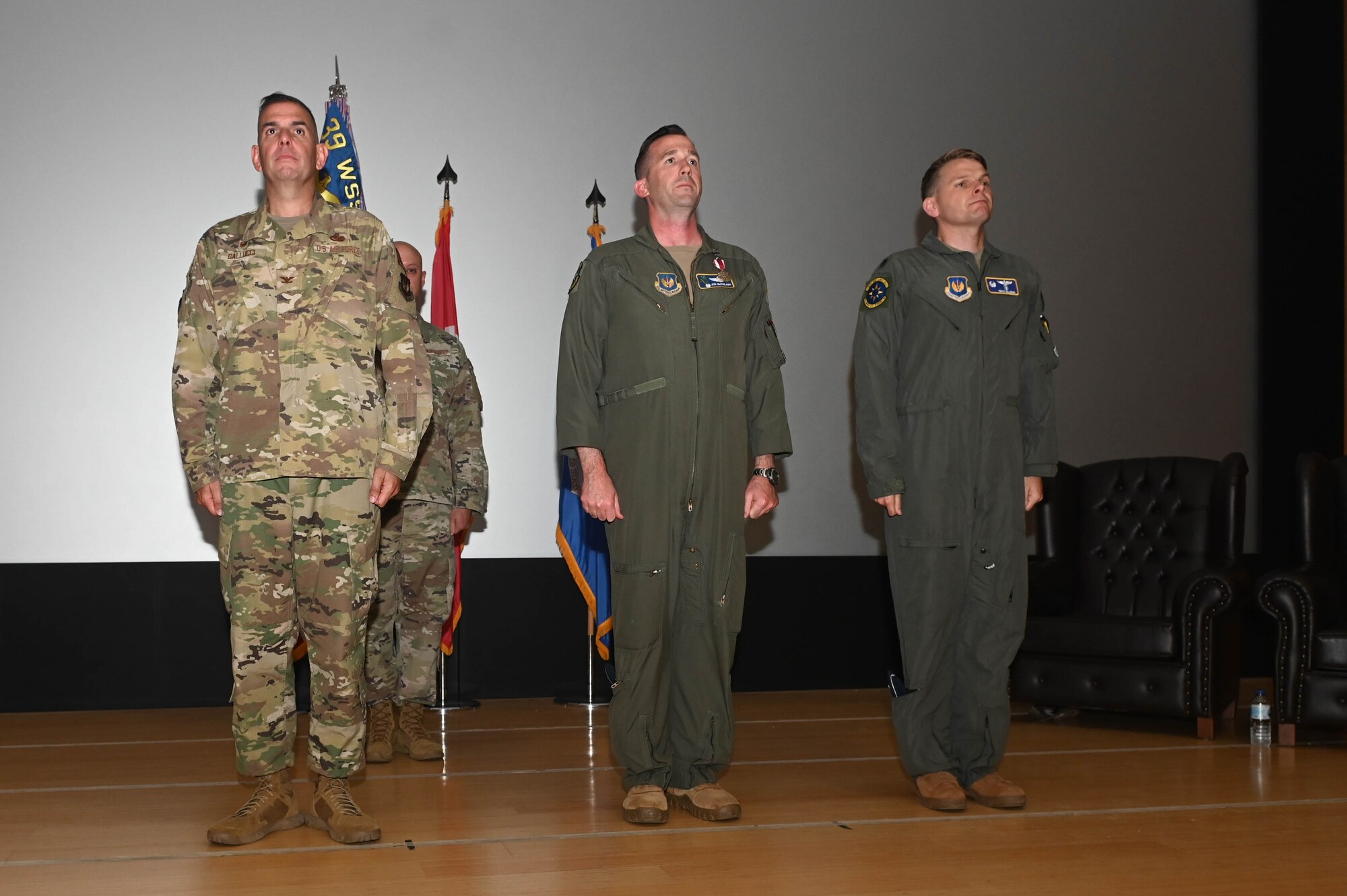 U.S. Air Force Col. Michael Galucci, 39th Weapons System Security Group Commander, U.S. Air Force Lt. Col. Jonathan McPhilamy, 39th Operations Support Squadron outgoing commander, and U.S. Air Force Lt. Col. Travis Halleman, 39th OSS incoming commander, stand at attention during a change of command at Incirlik Air Base, Türkiye, June 7, 2024. The 39th OSS leads world-class airfield & support operations to orchestrate and control US, Turkish, and partner forces operating at Incirlik Air Base in the execution of deterrence operations. (U.S. Air Force photo by Staff Sgt Alexandria Lee)