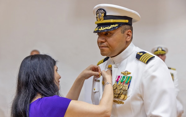 YOKOSUKA, Japan (June 7, 2024)— Capt. Torrin Velazquez relieved Captain T. Blair Hines as Commanding Officer, United States Navy Readiness and Training Command Center (USNMRTC) and Director, United States Naval Hospital (USNH) Yokosuka during a change of command ceremony held onboard Commander, Fleet Activities Yokosuka, June 7. (U.S. Navy photo by Daniel Taylor/USNMRTC Yokosuka Public Affairs)