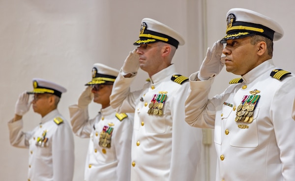 YOKOSUKA, Japan (June 7, 2024)— Capt. Torrin Velazquez relieved Captain T. Blair Hines as Commanding Officer, United States Navy Readiness and Training Command Center (USNMRTC) and Director, United States Naval Hospital (USNH) Yokosuka during a change of command ceremony held onboard Commander, Fleet Activities Yokosuka, June 7. (U.S. Navy photo by Daniel Taylor/USNMRTC Yokosuka Public Affairs)