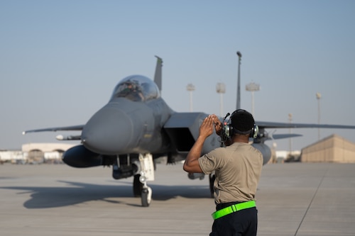 F-15E Strike Eagles arrive at an undisclosed location within the U.S. Central Command area of responsibility to participate in exercise Desert Flag 2024