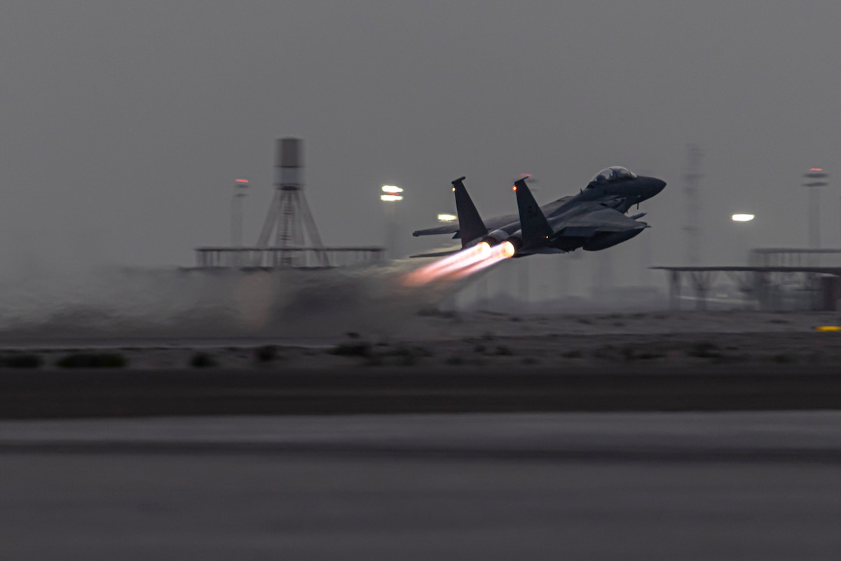 F-15E Strike Eagle, assigned to U.S. Central Command, takes off for a training flight, as part of exercise Desert Flag 2024