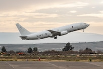240117-N-AN659-2006 NAVAL AIR STATION SIGONELLA, Italy (Jan. 17, 2024) A P-8A Poseidon assigned to Patrol Squadron (VP) 46 takes off from the runway at Naval Air Station (NAS) Sigonella, Italy, Jan. 17, 2024. VP-46 is currently deployed to the U.S. 6th Fleet area of operation in support of naval operations to maintain maritime security and stability, deter aggression and defend U.S., Allied and partner interests. (U.S. Navy photo by Mass Communication Specialist 2nd Class Jacquelin Frost)