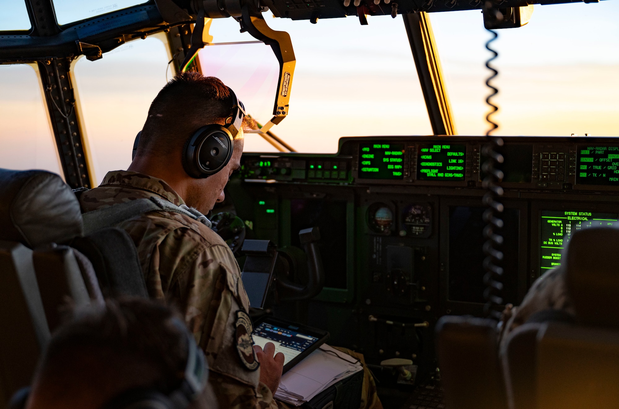 U.S. Air Force Maj. Victor Conde, 40th Airlift Squadron evaluator pilot and mission commander, flies a C-130J Super Hercules during an extended Maximum Endurance Operation, June 5, 2024. The MEO to Guam was completed in 22.6 hours of flight time in support of Valiant Shield 2024. Exercises such as Valiant Shield allow the Indo-Pacific Command Joint Forces the opportunity to integrate forces from all branches of service and with our allies to conduct precise, lethal, and overwhelming multi-axis, multi-domain effects that demonstrate the strength and versatility of the Joint Force and our commitment to a free and open Indo-Pacific. (U.S. Air Force photo by Airman 1st Class Emma Anderson)