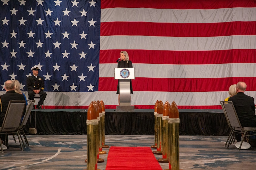 NORFOLK, Va. (June 6, 2024) Rep. Jen Kiggans of Virginia’s 2nd Congressional District, delivers remarks during the 2024 U.S. Fleet Forces Command Sailor of the Year announcement dinner, June 6th 2024. The dinner is the culmination of a weeklong series of events that concludes with the announcement of the 2023 sea and shore Sailors of the Year. Sea and Shore Sailors of the Year will be meritoriously advanced to chief petty officer. (U.S. Navy photo by Mass Communication Specialist 1st Class Evan Thompson/Released)