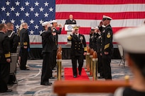 NORFOLK, Va. (June 6, 2024) Adm. Daryl Caudle, commander, U.S. Fleet Forces Command, departs from the 2024 USFFC Sailor of the Year announcement dinner, June 6th 2024. The dinner is the culmination of a weeklong series of events that concludes with the announcement of the 2023 sea and shore Sailors of the Year. Sea and Shore Sailors of the Year will be meritoriously advanced to chief petty officer. (U.S. Navy photo by Mass Communication Specialist 1st Class Evan Thompson/Released)