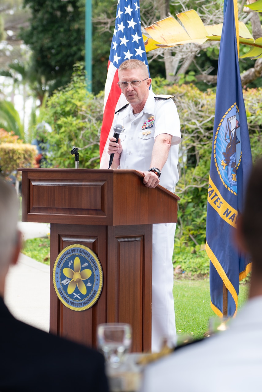 Vice Adm. Johnny Wolfe Jr., director of U.S. Navy Strategic Systems Programs, speaks to guests at an event in honor the fiftieth anniversary of the Engineering Duty Officer (EDO) Schoolhouse Thursday, June 6. Vice Adm. Wolfe--the most tenured EDO in the community with 30 years of experience in the field--highlighted key figures in the community's history and the integral role EDOs play in shaping the world's greatest Warfighting Navy and supporting the warfighter. The school-established in 1974 and founded by Naval Sea Systems Command Commander Vice Adm. Robert C. Gooding-provides education to improve the professional proficiency of EDOs through training in plans, programs, policies, and procedures that drive the life-cycle engineering of naval ships and systems. (U.S. Navy Photo by Lt. Jennifer Bowman/Released)