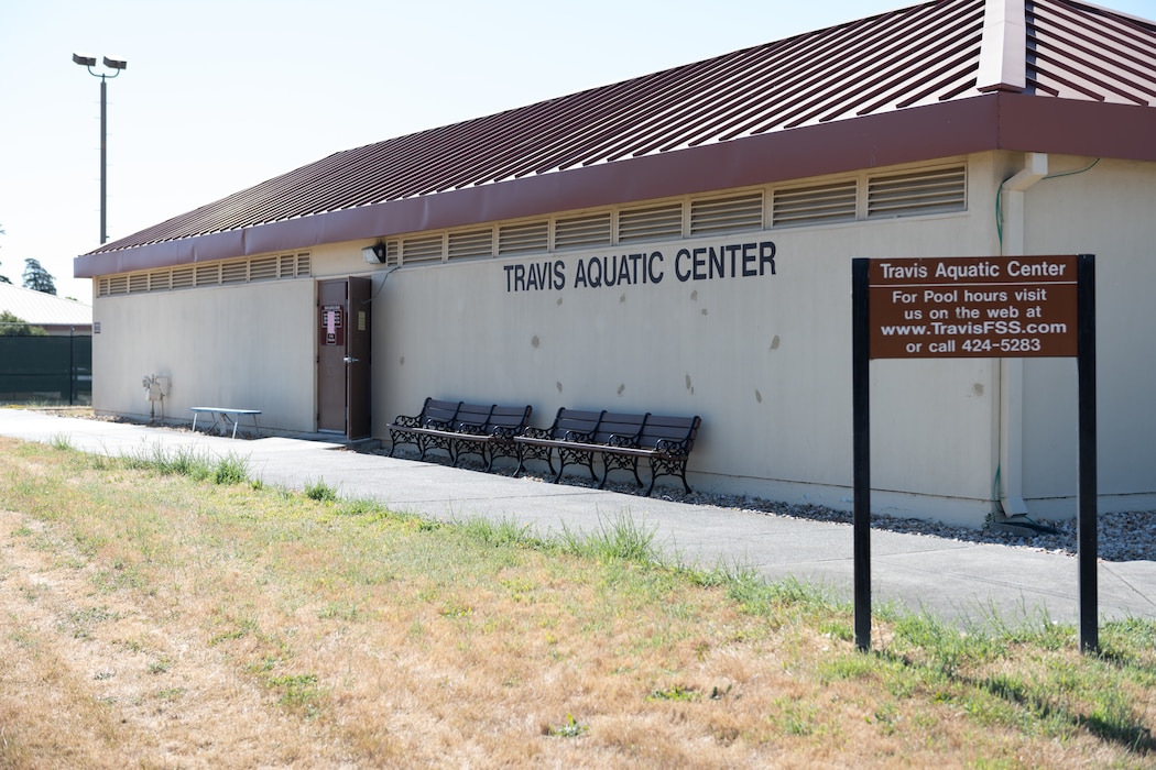 The outside overall view of the Travis Aquatic Center.