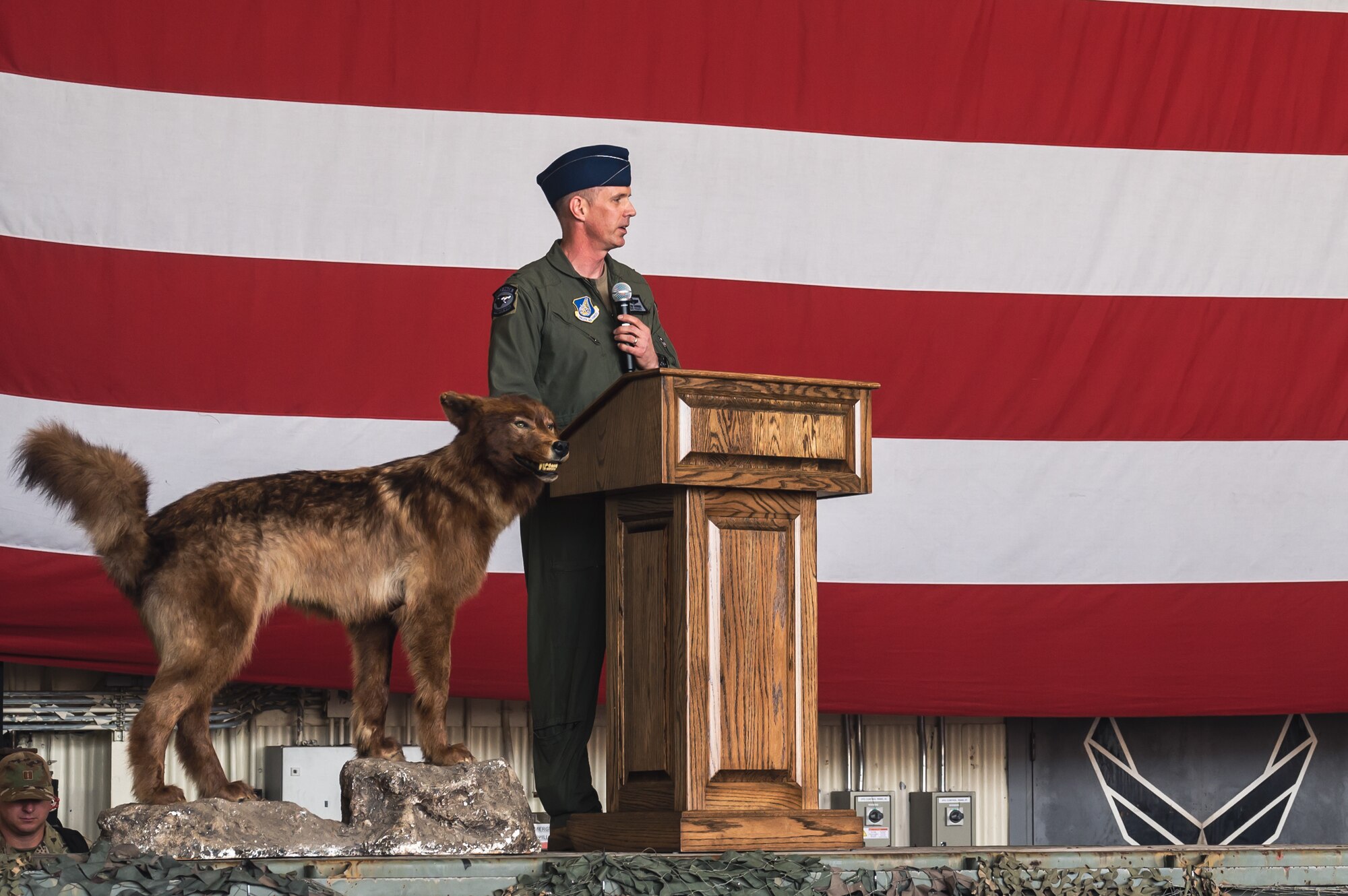 U.S. Air Force Col. Peter Kasarskis, 8th Fighter Wing commander, addresses attendees during the 8th FW change of command ceremony.