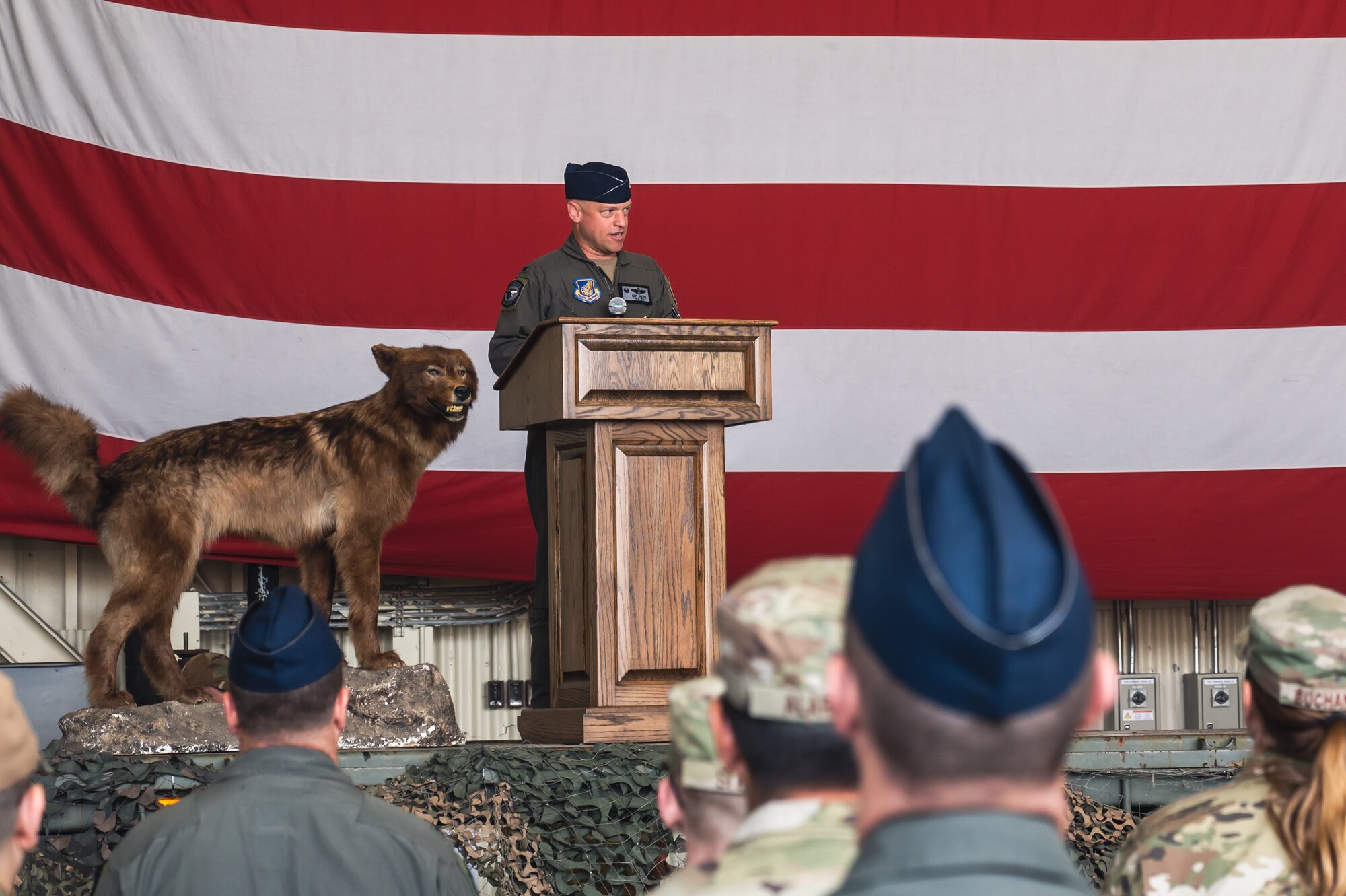 U.S. Air Force Col. Matthew Gaetke, 8th Fighter Wing outgoing commander, addresses attendees of the 8th FW change of command ceremony.