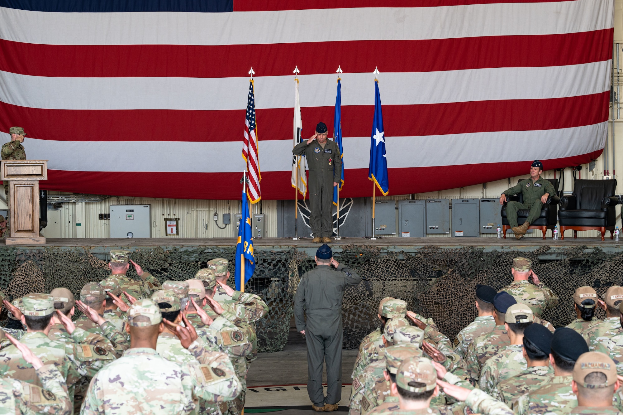 U.S. Air Force Col. Matthew Gaetke, 8th Fighter Wing outgoing commander, renders his last salute as the commander during the 8th FW change of command ceremony.