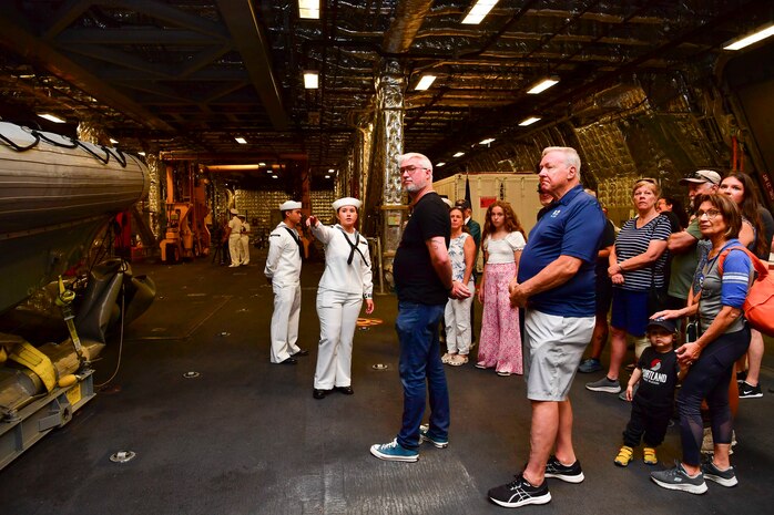 Guests tour USS Montgomery (LCS 8) during Portland Fleet Week in Portland, Oregon.