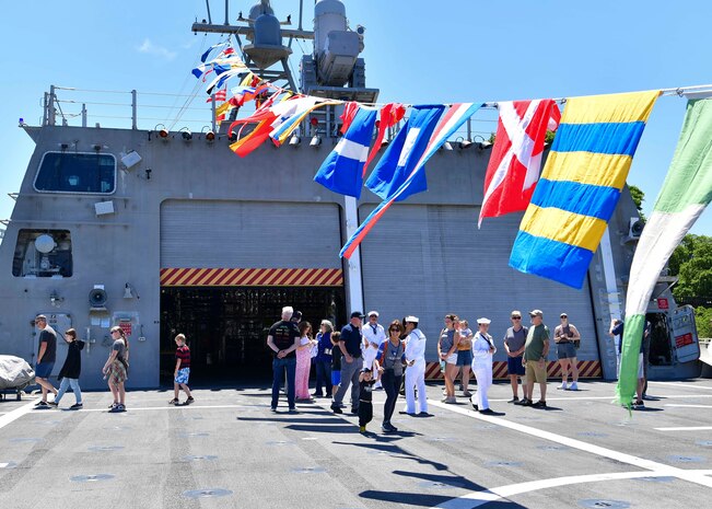 Guests tour USS Montgomery (LCS 8) during Portland Fleet Week in Portland, Oregon.