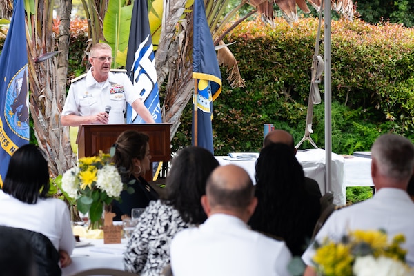 Vice Adm. Johnny Wolfe Jr., director of U.S. Navy Strategic Systems Programs, speaks to guests at an event in honor the fiftieth anniversary of the Engineering Duty Officer (EDO) Schoolhouse Thursday, June 6. Vice Adm. Wolfe-the most tenured EDO in the community with 30 years experience-highlighted key figures in the community's history and the integral role EDOs play in shaping the world's greatest Warfighting Navy and supporting the warfighter. The school-established in 1974 and founded by Naval Sea Systems Command Commander Vice Adm. Robert C. Gooding-provides education to improve the professional proficiency of EDOs through training in plans, programs, policies, and procedures that drive the life-cycle engineering of naval ships and systems. (U.S. Navy Photo by Lt. Jennifer Bowman/Released)