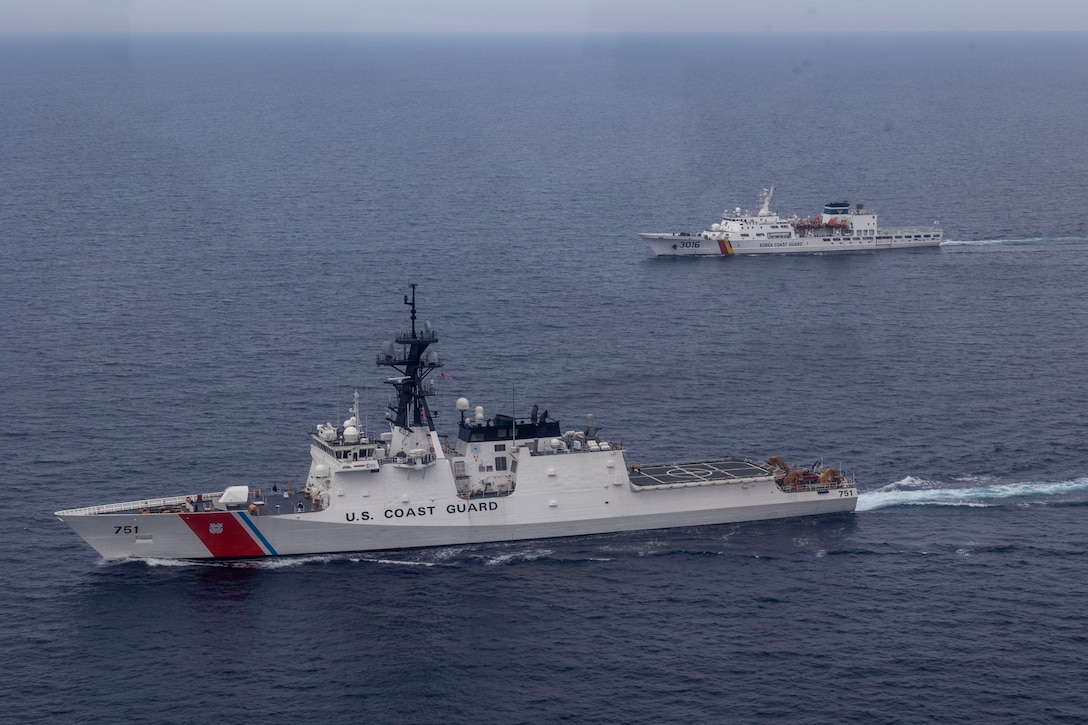 U.S. Coast Guard Cutter Waesche (WMSL-751) and Republic of Korea Coast Guard vessel KCG Taepyongyang (KCG-3016) patrol in formation during a trilateral exercise in the East Sea, June 6, 2024. Coast Guardsmen from Japan, Republic of Korea and the United States used the trilateral exercise as an opportunity to rehearse cohesion between the nations when operating together. Waesche is the second U.S. Coast Guard National Security Cutter deployed to the Indo-Pacific in 2024. Coast Guard cutters routinely deploy to the region to engage with partner nations to ensure a free and open Indo-Pacific. (U.S. Marine Corps photo by Cpl. Elijah Murphy)