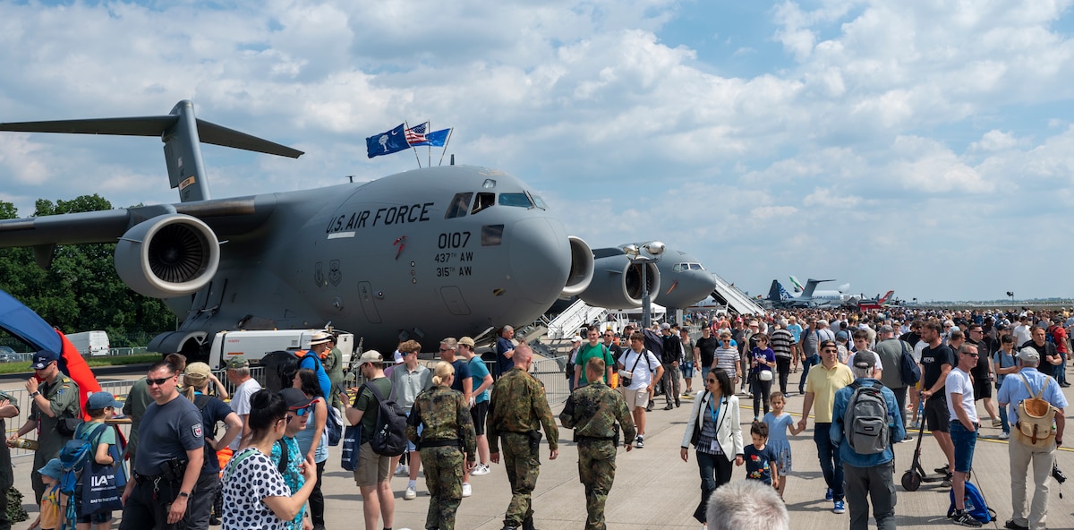 The U.S. Air Force Reserve 315th Airlift Wing showcased a Joint Base Charleston-based C-17 Globemaster III aircraft at the ILA Berlin 2024 Air Show held in Berlin, Germany, June 8, 2024. Other U.S. Air Force aircraft on display included an F-35 Lighting II, KC-46 Pegasus, two F-16 Fighting Falcons, RQ-7 Shadow, U.S. Navy P-8 Poseidon, U.S. Army UH-60 Black Hawk, and U.S. Army AH-64 Apache. (U.S. Air Force photo by Capt. Justin Clark)