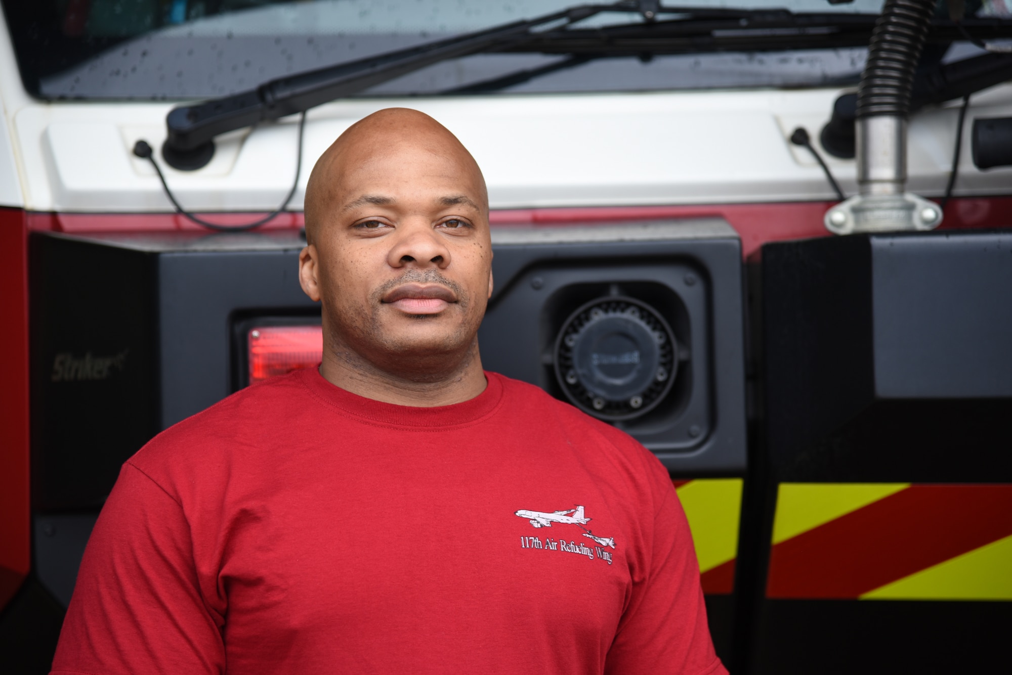 U.S. Air Force Staff Sgt., Eugene DaBon, firefighter, 117th Civil Engineer Squadron, poses for a picture at the fire station at Sumpter Smith Joint National Guard Base, Birmingham, Alabama, Feb. 11, 2024. (U.S. Air National Guard photo by Tech. Sgt. Wesley Jones)