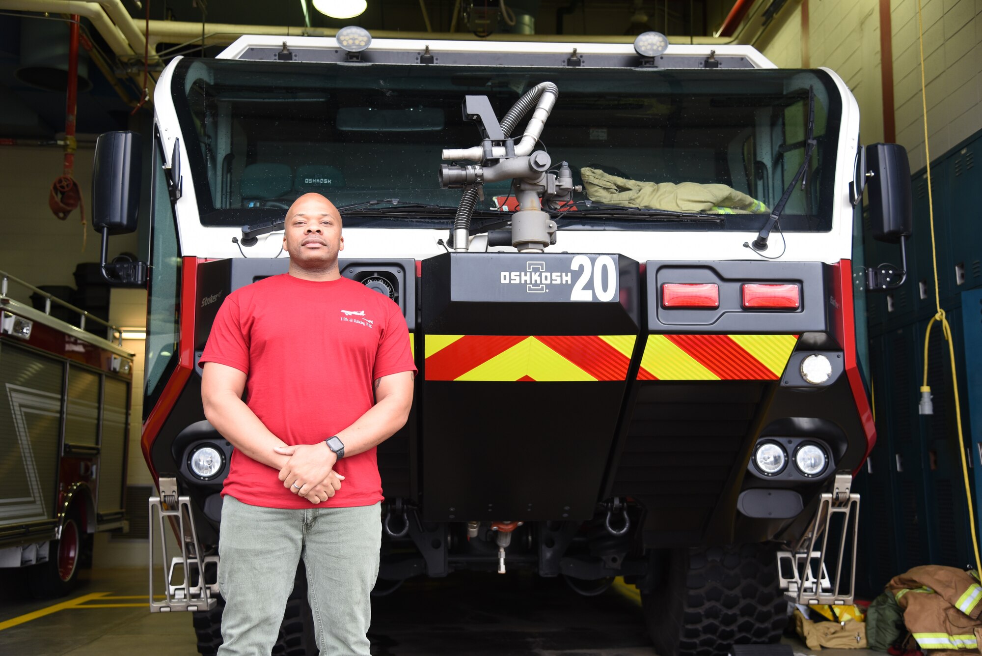 U.S. Air Force Staff Sgt., Eugene DaBon, firefighter, 117th Civil Engineer Squadron, poses for a picture at the fire station at Sumpter Smith Joint National Guard Base, Birmingham, Alabama, Feb. 11, 2024. (U.S. Air National Guard photo by Tech. Sgt. Wesley Jones)