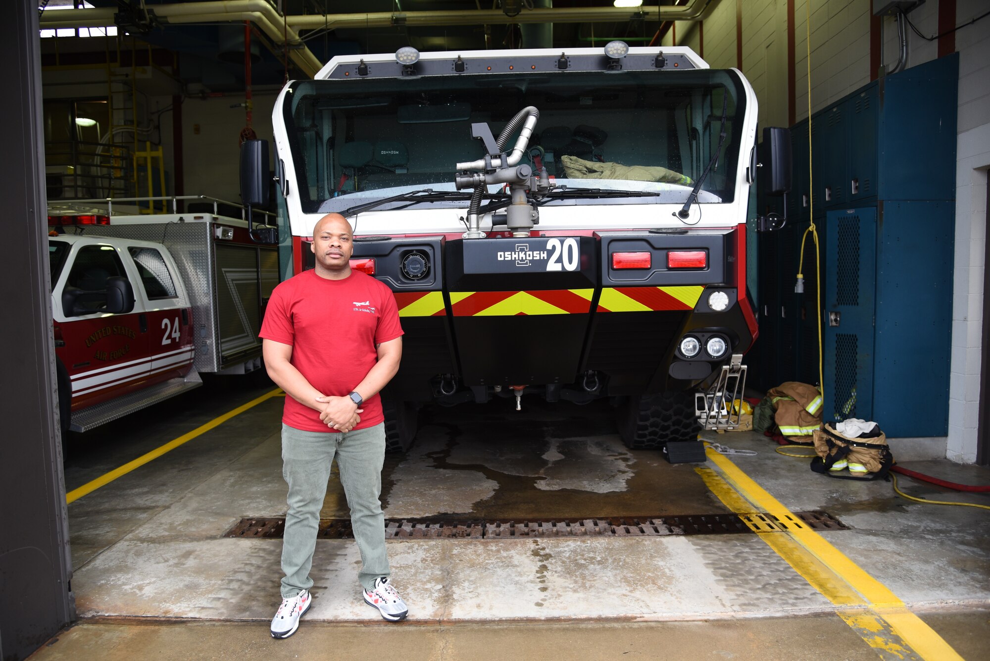 U.S. Air Force Staff Sgt., Eugene DaBon, firefighter, 117th Civil Engineer Squadron, poses for a picture at the fire station at Sumpter Smith Joint National Guard Base, Birmingham, Alabama, Feb. 11, 2024. (U.S. Air National Guard photo by Tech. Sgt. Wesley Jones)