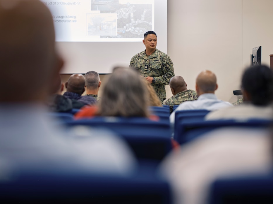 Senior Chief Carlo Cortez, the Senior Enlisted Leader of Commander, Fleet Activities Yokosuka's Command Liaison Office at Ikego Heights Housing Area, discusses the reopening of the community basketball park and plan to keep Ikego Dog Park available during upcoming construction projects at the 2nd Quarter CFAY Town Hall June 4, 2024 in the installation's Community Readiness Center's Area Orientation Brief / Inter-Cultural Relations Classroom.