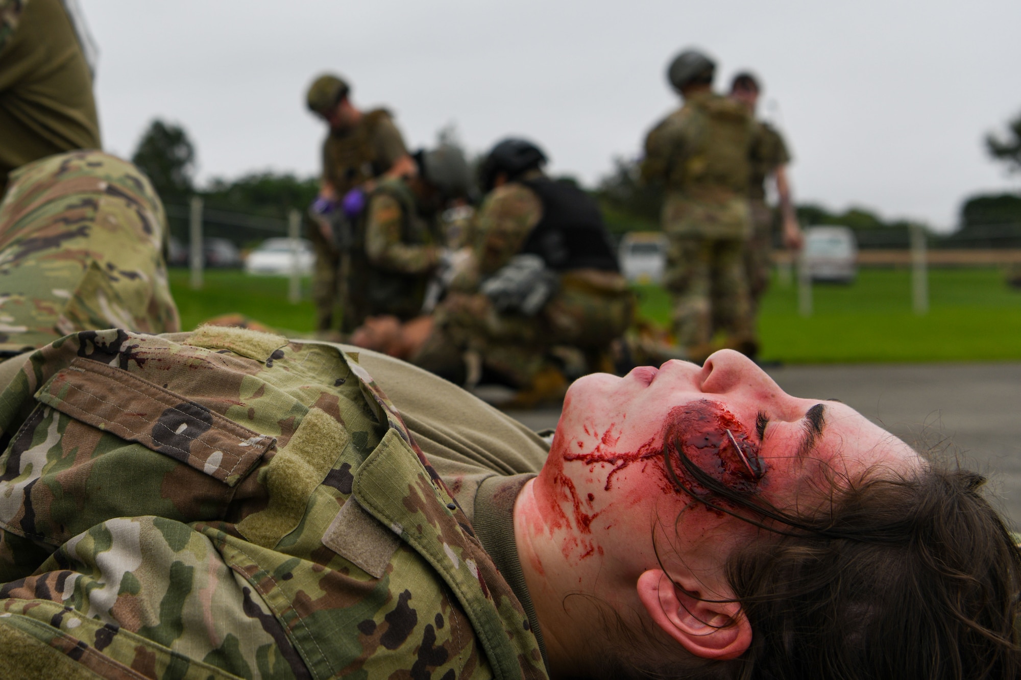 A close up shot of a simulated patient during a mass casualty exercise?