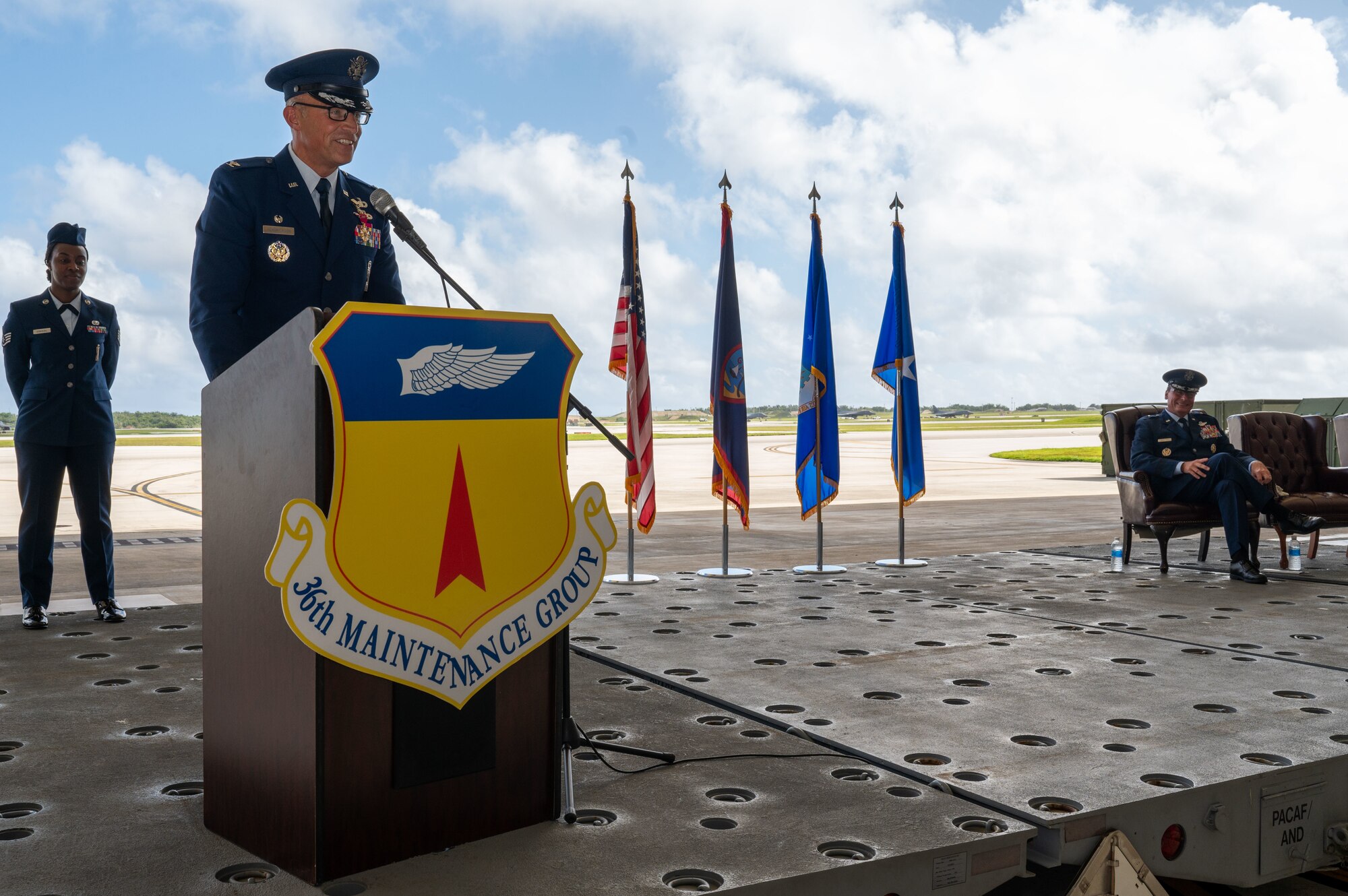 U.S. Air Force Col. James Hendrickson, 36th Maintenance Group commander, gave his final speech as 36th Maintenance Group commander during the Maintenance Group change of command ceremony at Andersen Air Force Base, Guam, June 5, 2024. The ceremony marks the formal passing of responsibility of command. (U.S. Air Force Photo by Airman 1st Class Manasseh Demissie)