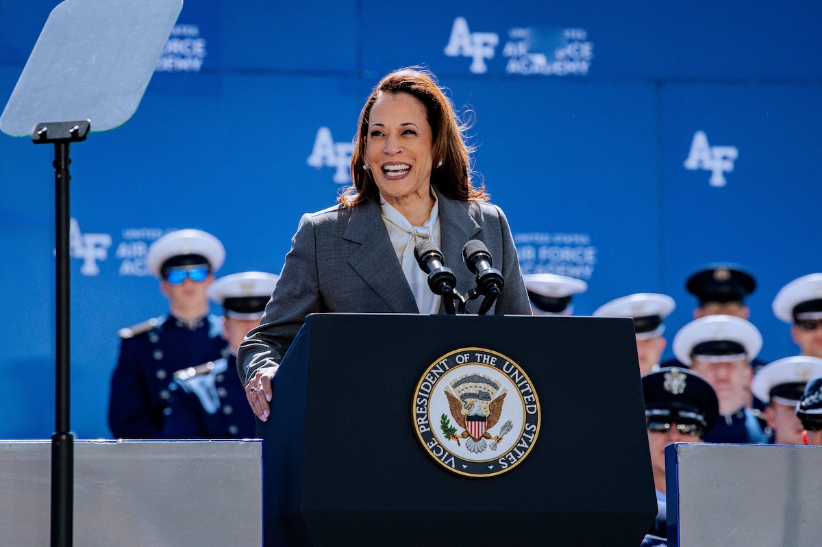 United States Vice President Kamala Harris speaks to cadets and audience members during a graduation ceremony