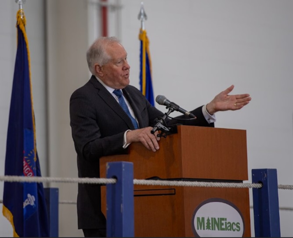 Secretary of the Air Force Frank Kendall delivers remarks to over 600 members of the 101st Air Refueling Wing in Bangor, Maine, June 7, 2024.