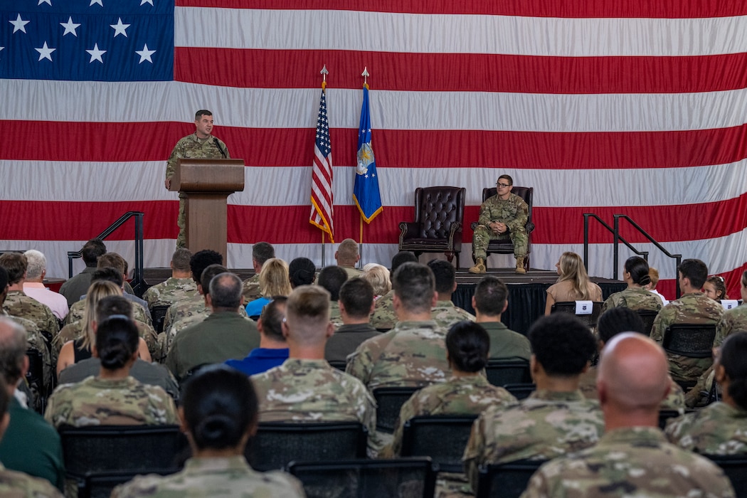 U.S. Air Force Col. Paul Sheets, 23rd Wing commander, provides remarks during a Bronze Star presentation at Moody Air Force Base, Georgia, May 23, 2024. Master Sgt. Peter Pease, 23rd Fighter Group first sergeant, was awarded a Bronze Star, for his outstanding leadership and meritorious service during military operations. (U.S. Air Force photo by Senior Airman Deanna Muir)