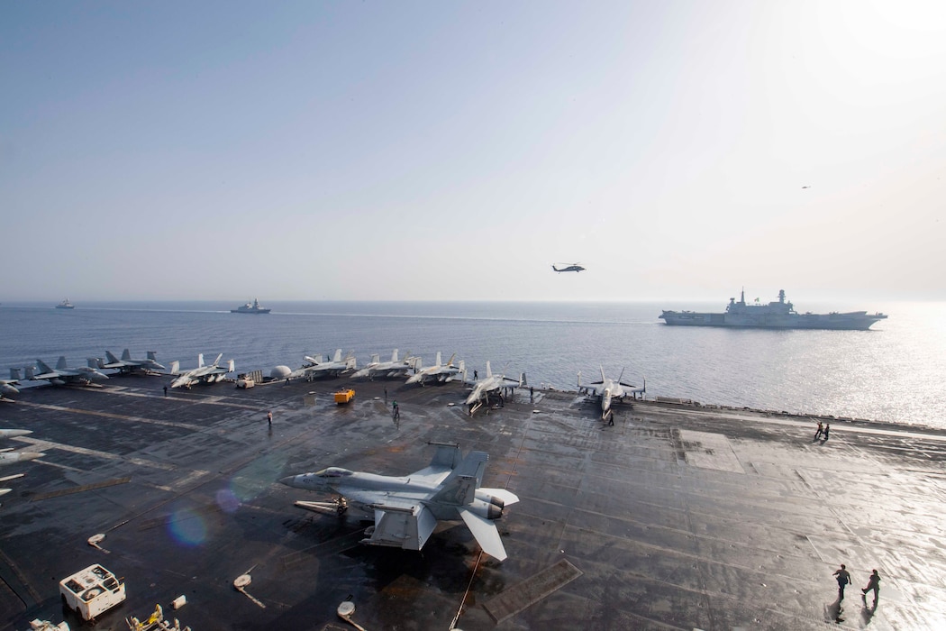 USS Dwight D. Eisenhower (CVN 69) transits the Red Sea with Italian Navy ships.